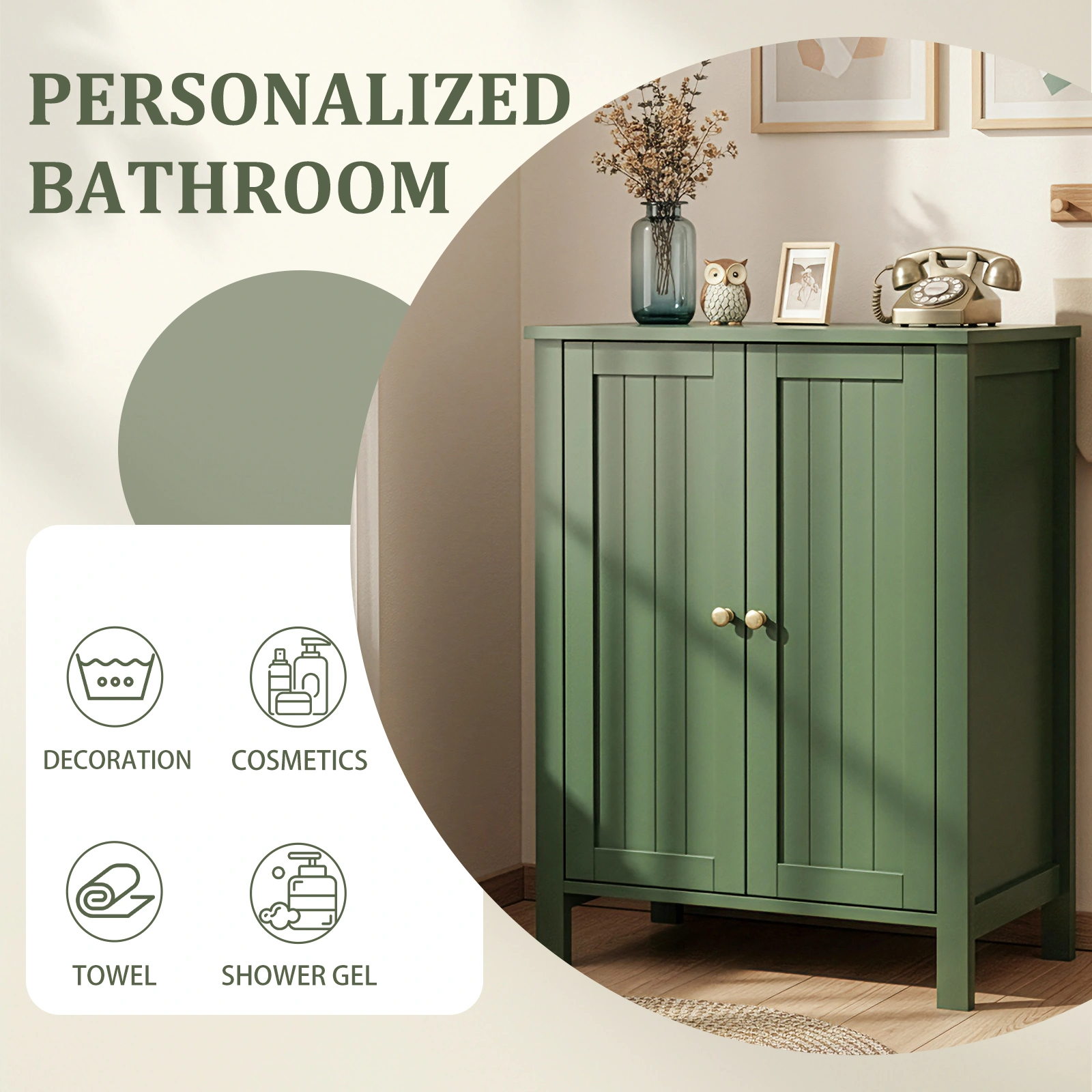 60cm Bathroom Vanity Forest Green MDF Vertical Stripes Double Door 60x30x80cm view 13