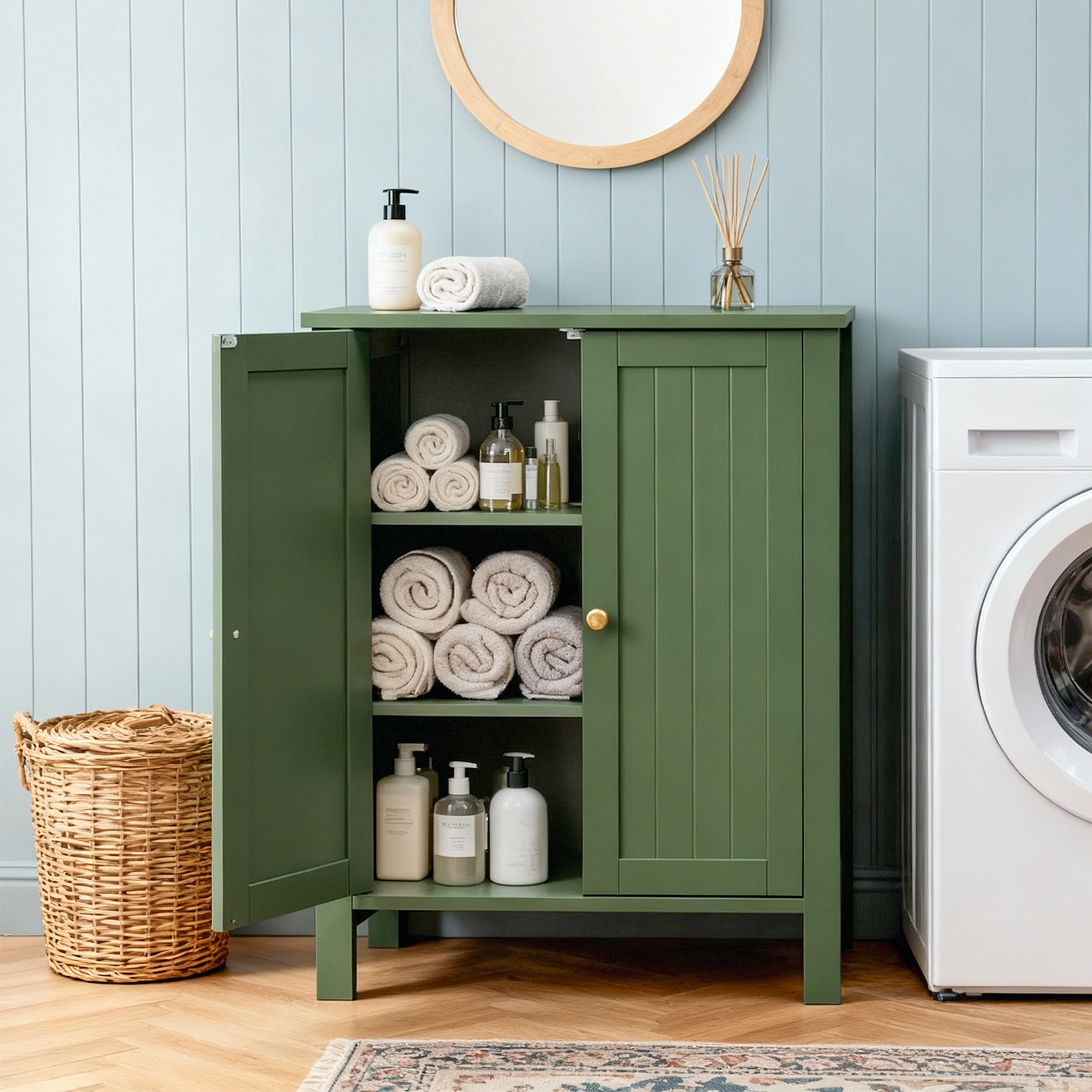 60cm Bathroom Vanity Forest Green MDF Vertical Stripes Double Door 60x30x80cm view 6