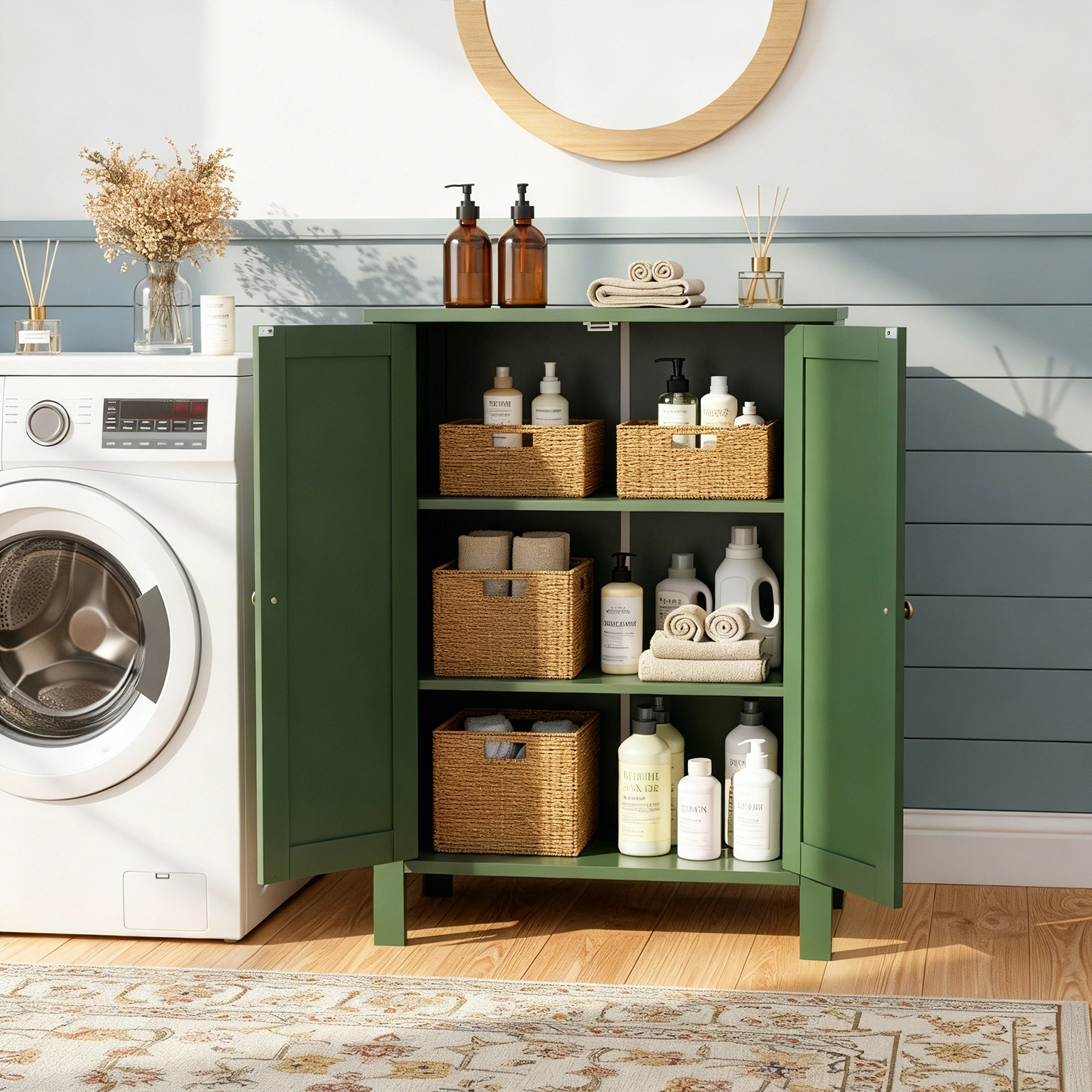 60cm Bathroom Vanity Forest Green MDF Vertical Stripes Double Door 60x30x80cm view 7