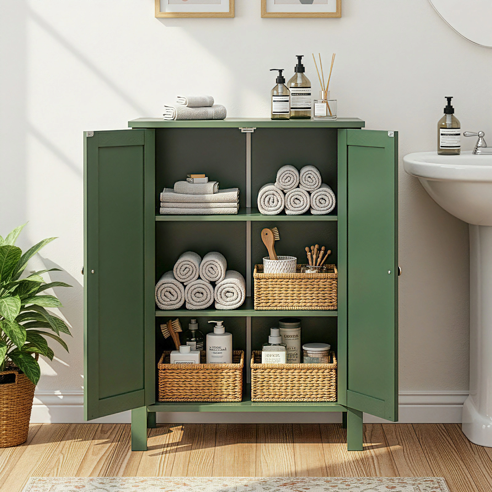 60cm Bathroom Vanity Forest Green MDF Vertical Stripes Double Door 60x30x80cm view 8