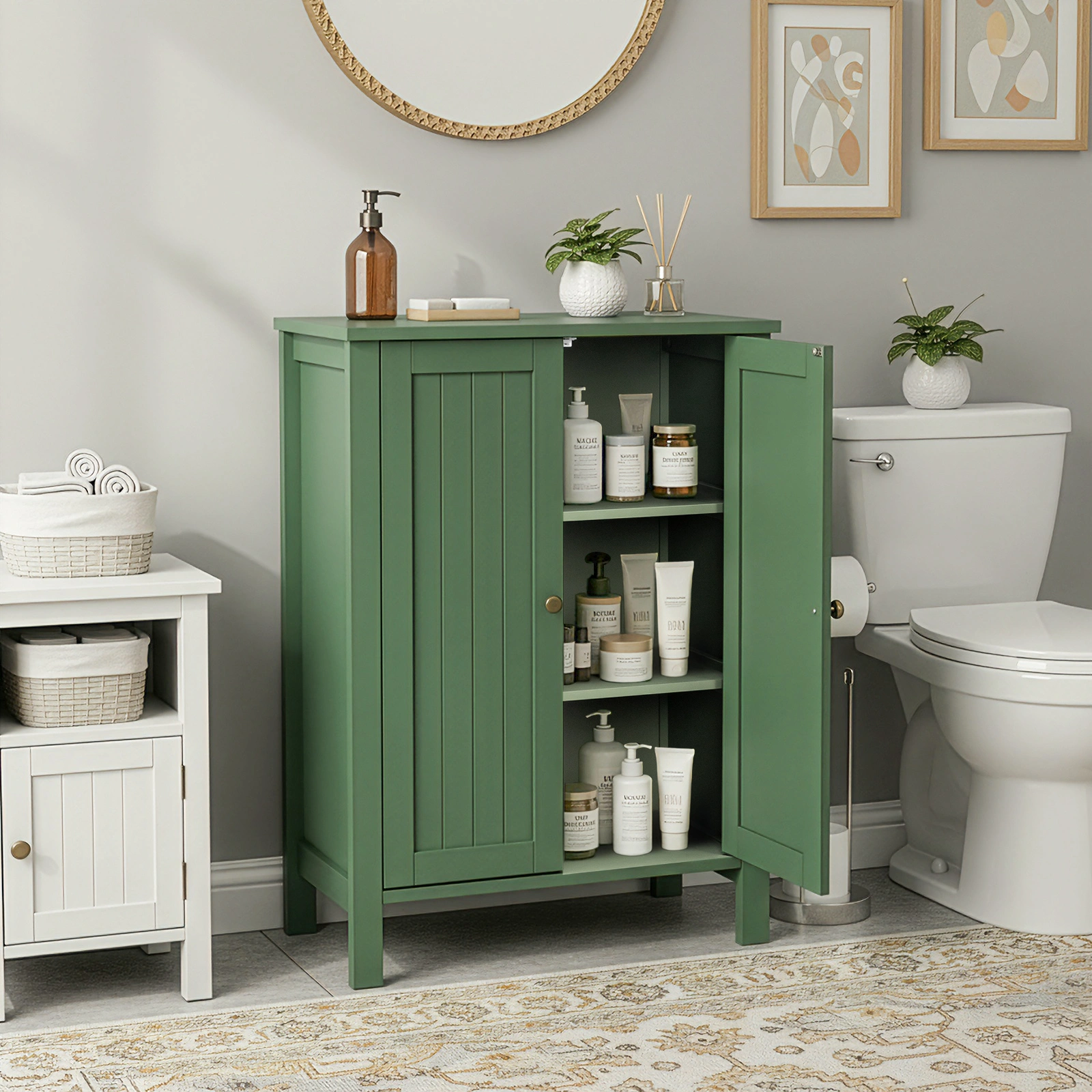 60cm Bathroom Vanity Forest Green MDF Vertical Stripes Double Door 60x30x80cm view 9