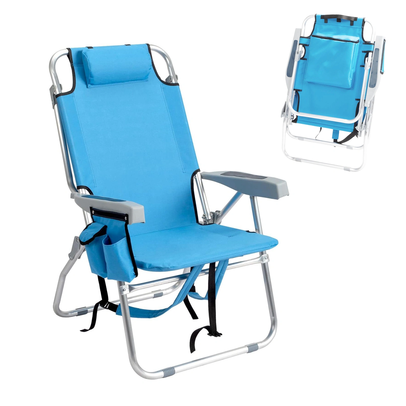 5-Position Adjustable Backpack Beach Chair with Storage Bag, Cooler Pouch & Side Pockets - Portable Outdoor Seating for Beach, Pool, Lawn, Camping