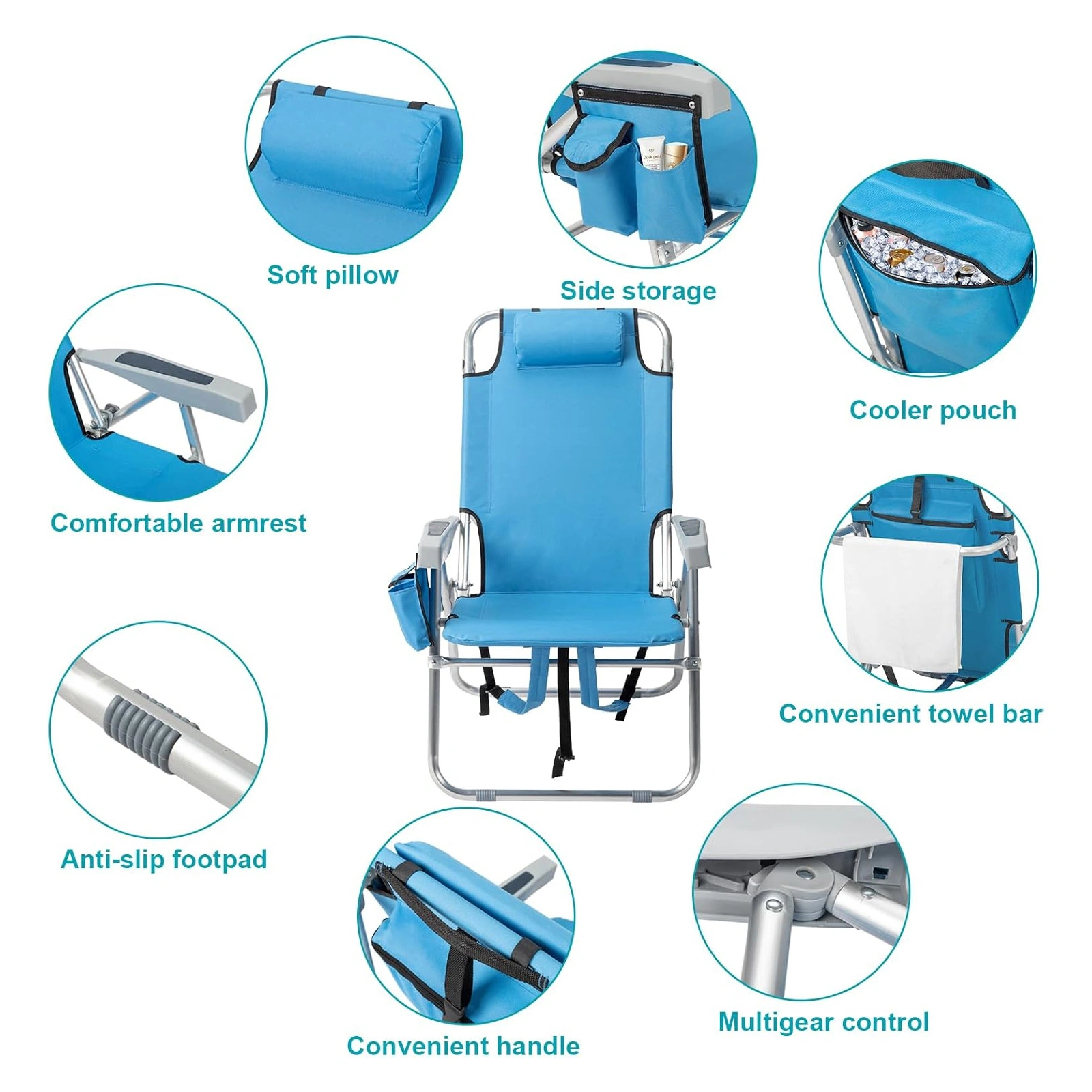 5-Position Adjustable Backpack Beach Chair with Storage Bag, Cooler Pouch & Side Pockets - Portable Outdoor Seating for Beach, Pool, Lawn, Camping view 2