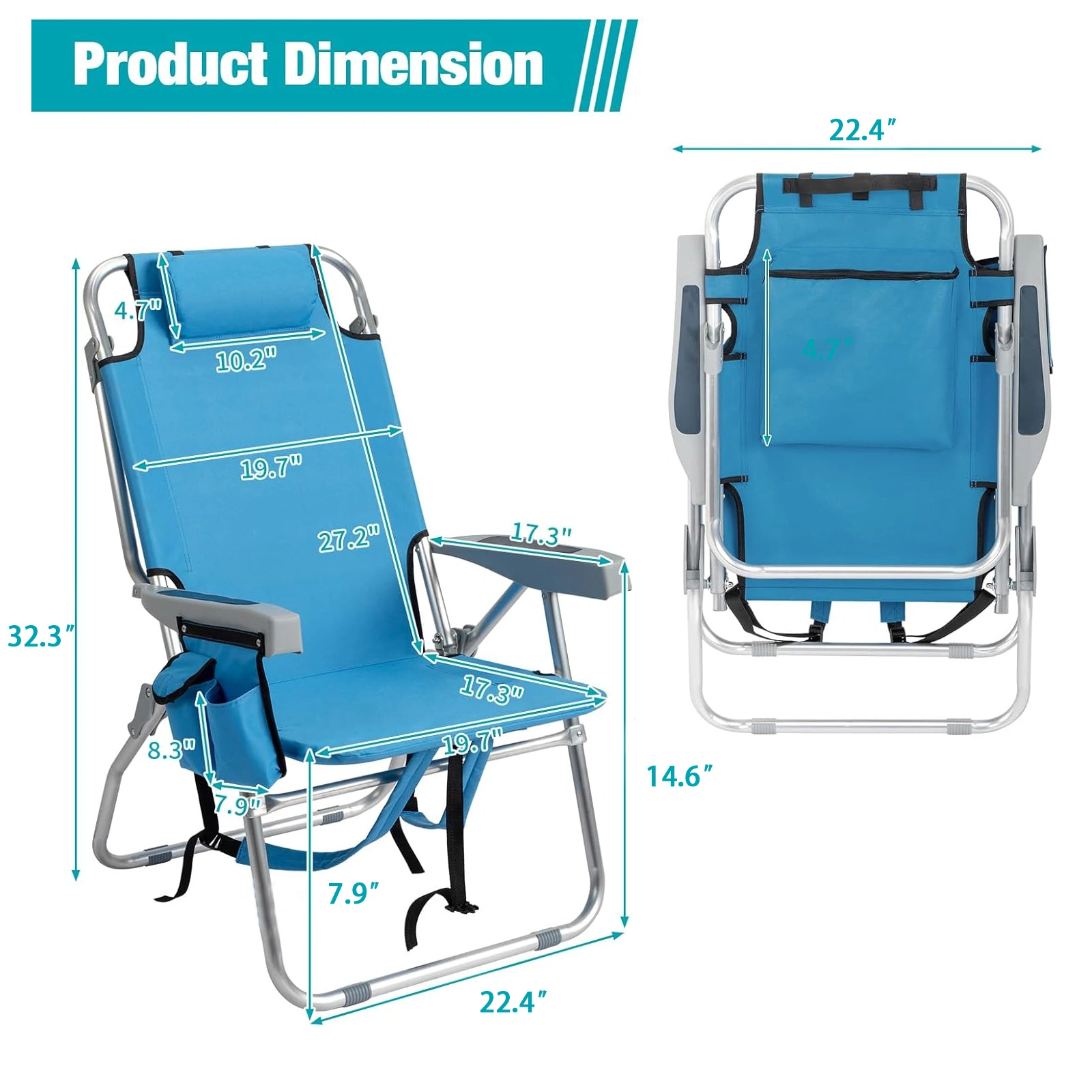 5-Position Adjustable Backpack Beach Chair with Storage Bag, Cooler Pouch & Side Pockets - Portable Outdoor Seating for Beach, Pool, Lawn, Camping view 3