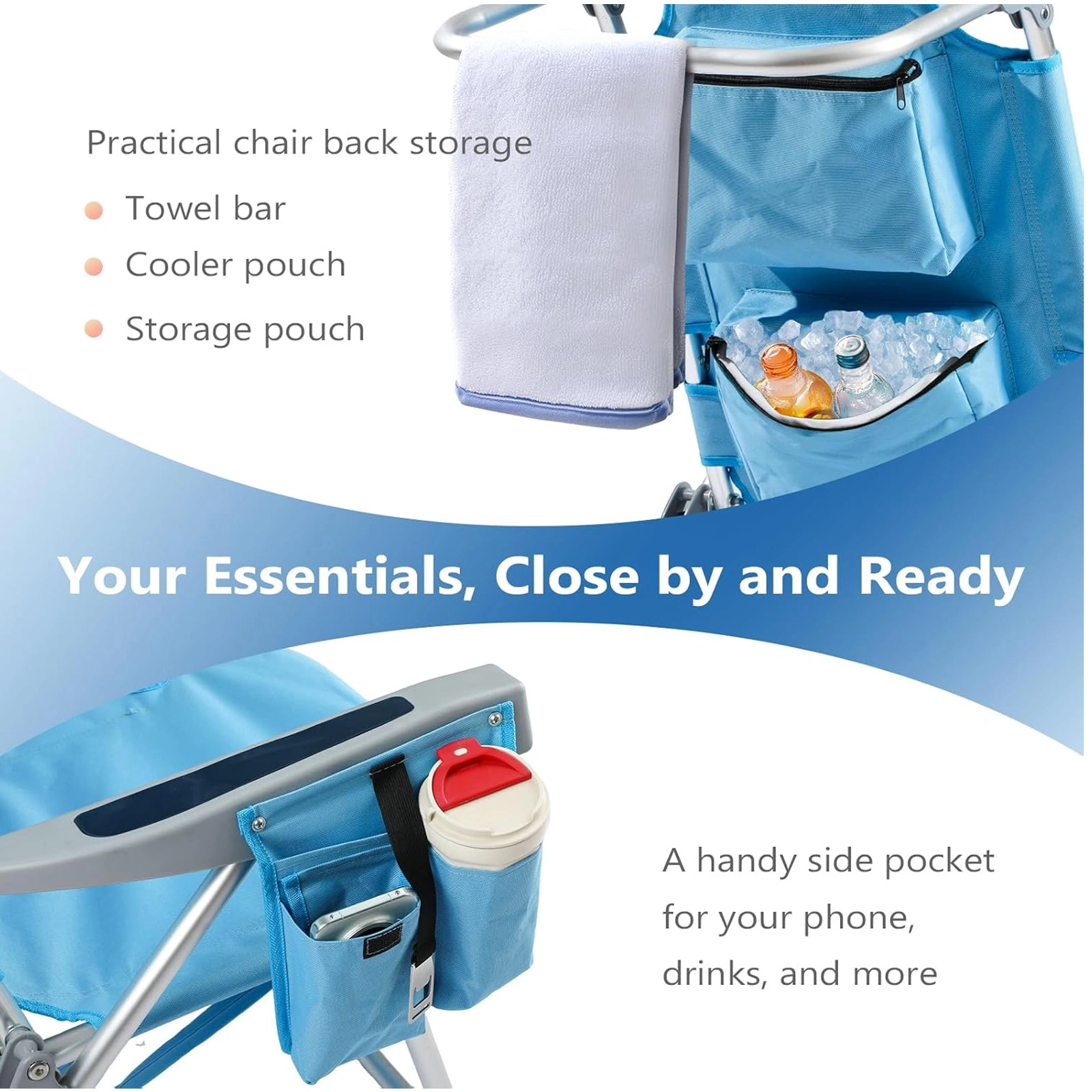 5-Position Adjustable Backpack Beach Chair with Storage Bag, Cooler Pouch & Side Pockets - Portable Outdoor Seating for Beach, Pool, Lawn, Camping view 4