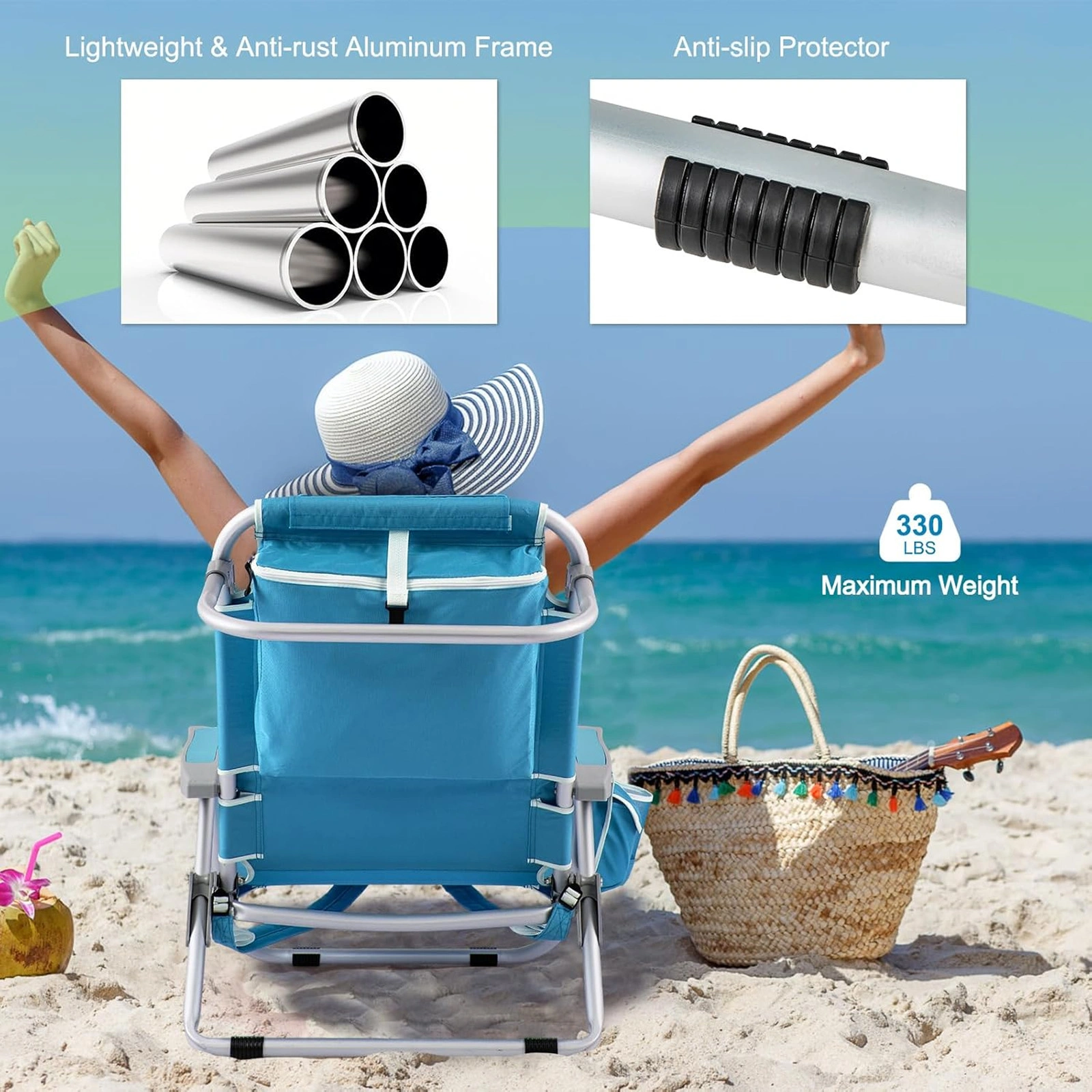 5-Position Adjustable Backpack Beach Chair with Storage Bag, Cooler Pouch & Side Pockets - Portable Outdoor Seating for Beach, Pool, Lawn, Camping view 5