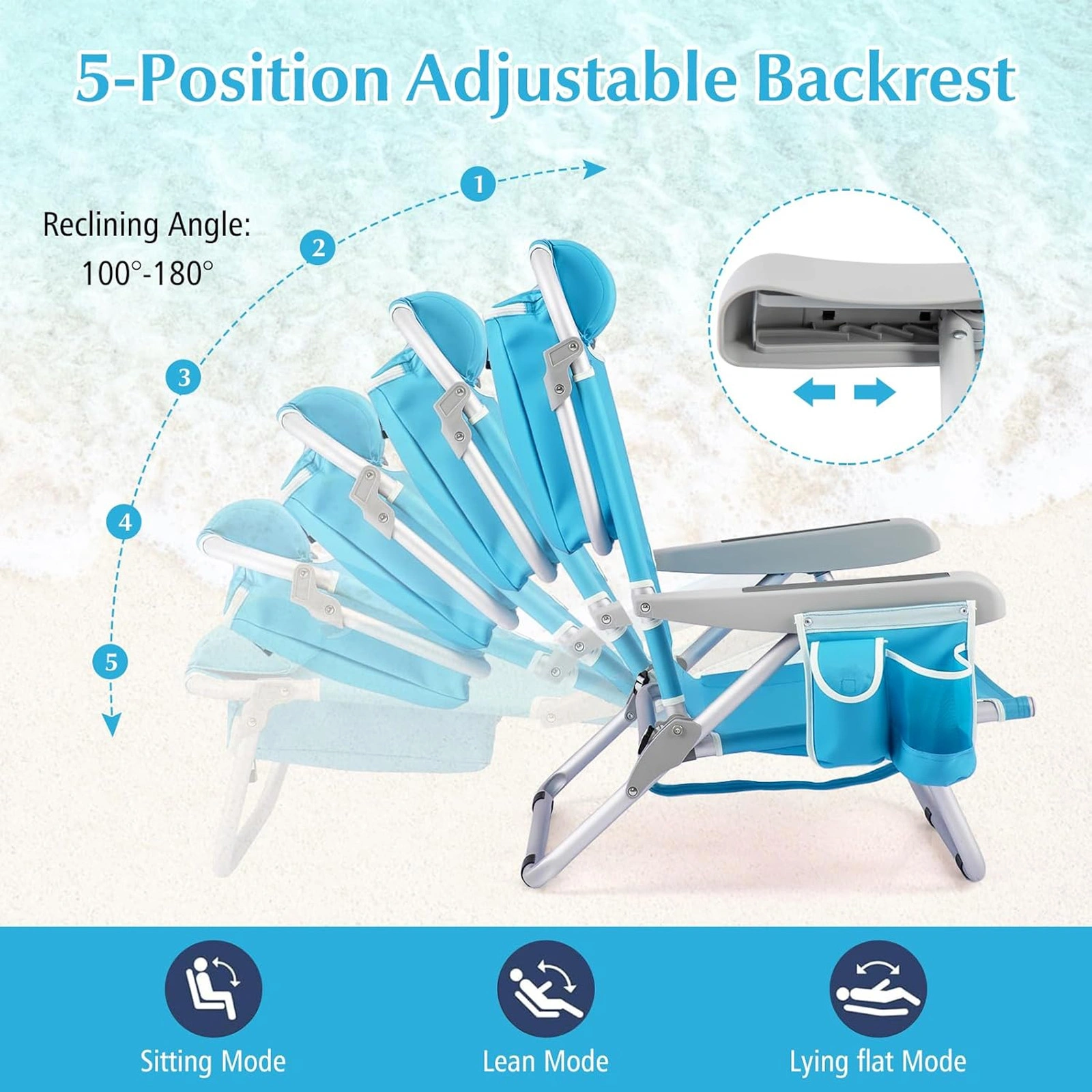 5-Position Adjustable Backpack Beach Chair with Storage Bag, Cooler Pouch & Side Pockets - Portable Outdoor Seating for Beach, Pool, Lawn, Camping view 6