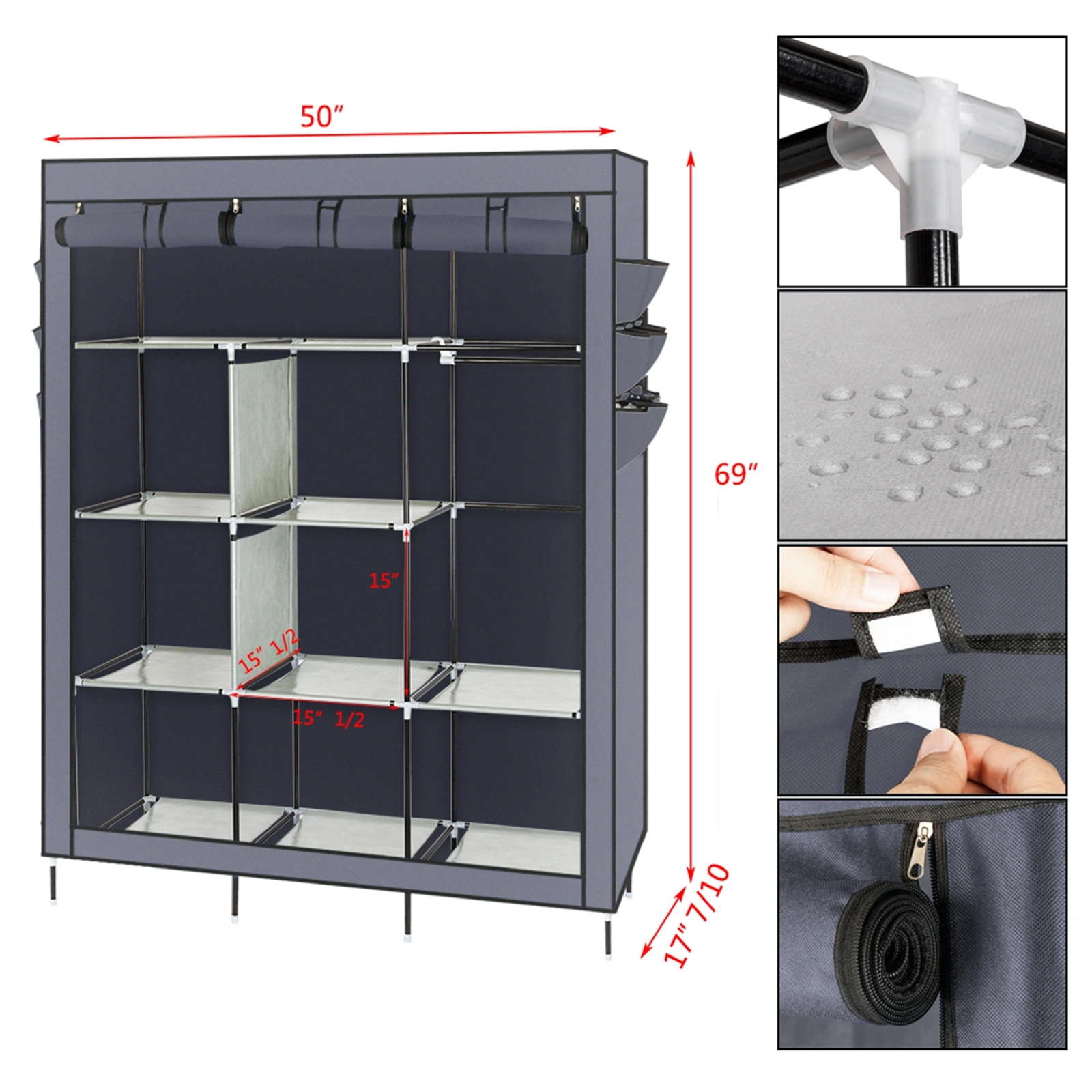 69 Inch High Leg Non-Woven Fabric Wardrobe Closet Cabinet Organizer Gray view 11