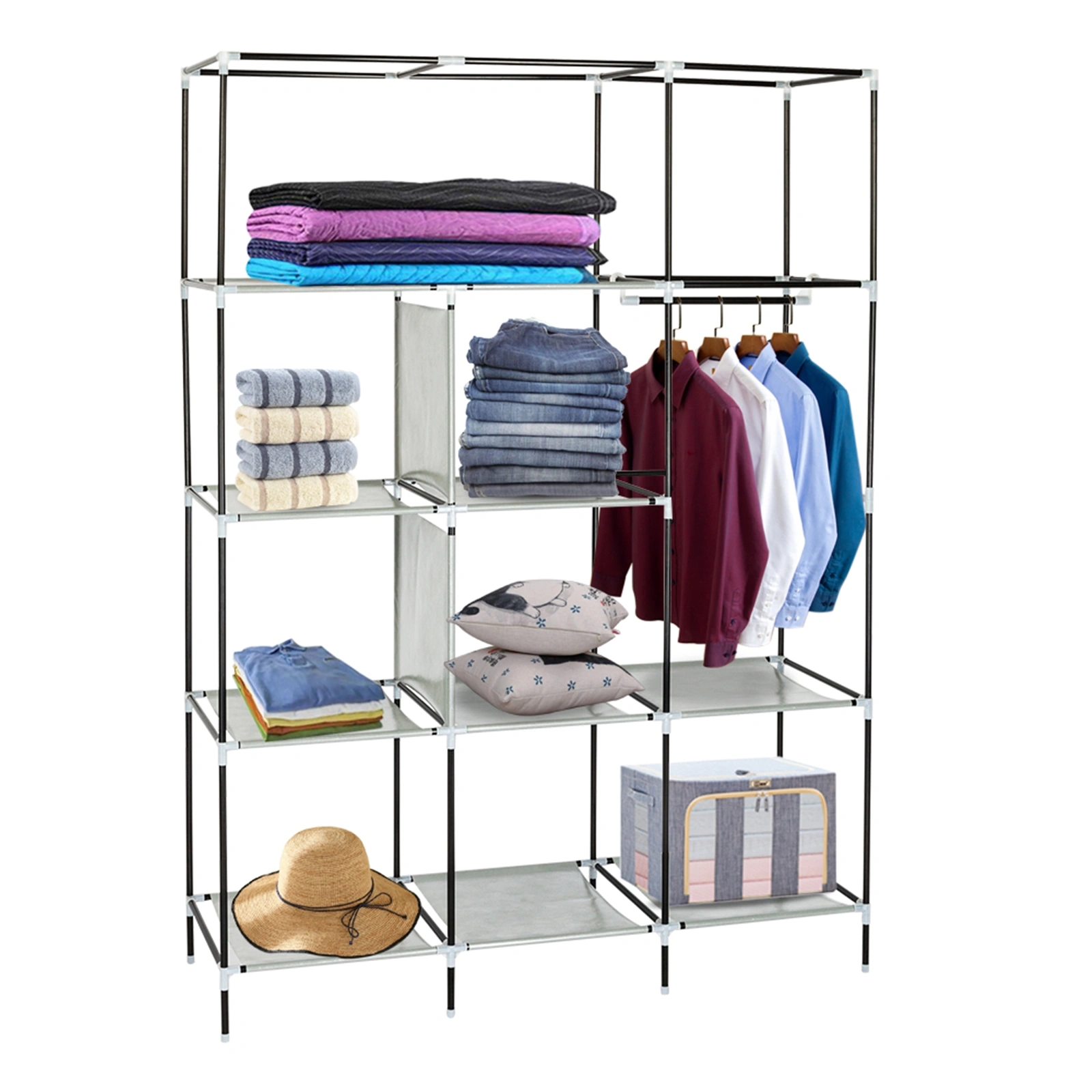 69 Inch High Leg Non-Woven Fabric Wardrobe Closet Cabinet Organizer Gray view 13