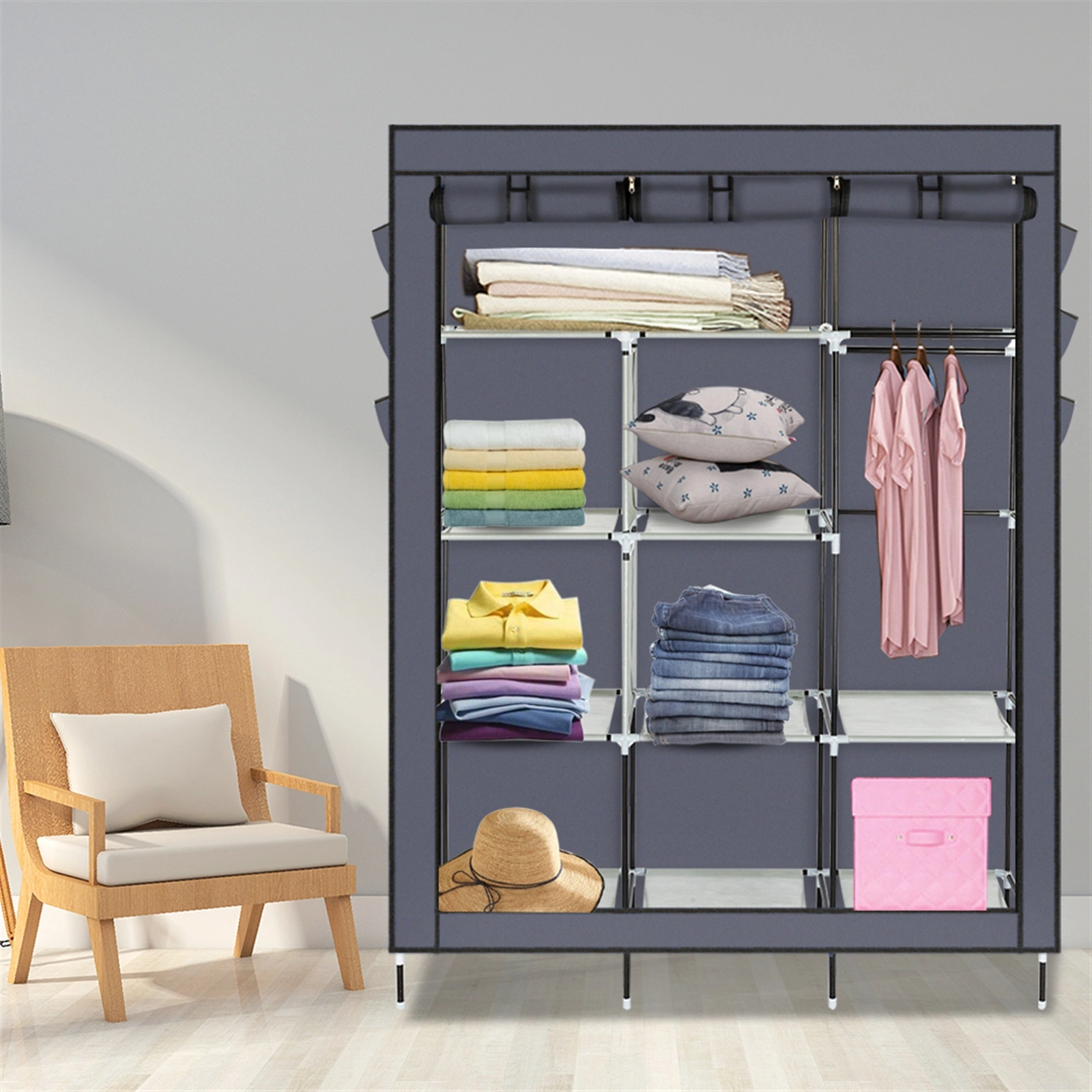 69 Inch High Leg Non-Woven Fabric Wardrobe Closet Cabinet Organizer Gray view 16