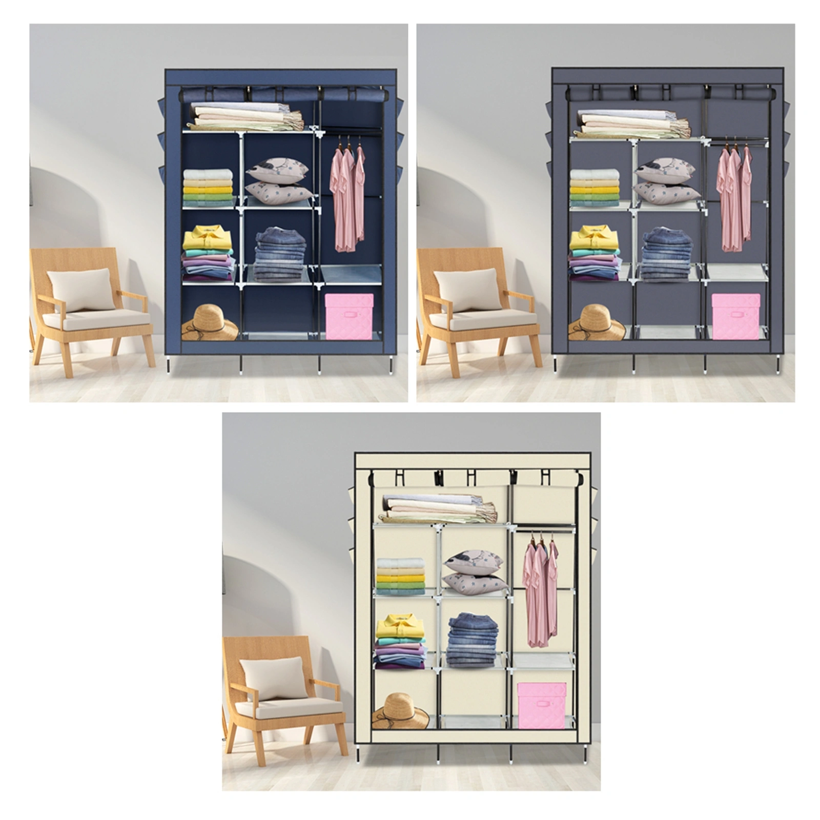 69 Inch High Leg Non-Woven Fabric Wardrobe Closet Cabinet Organizer Gray view 21