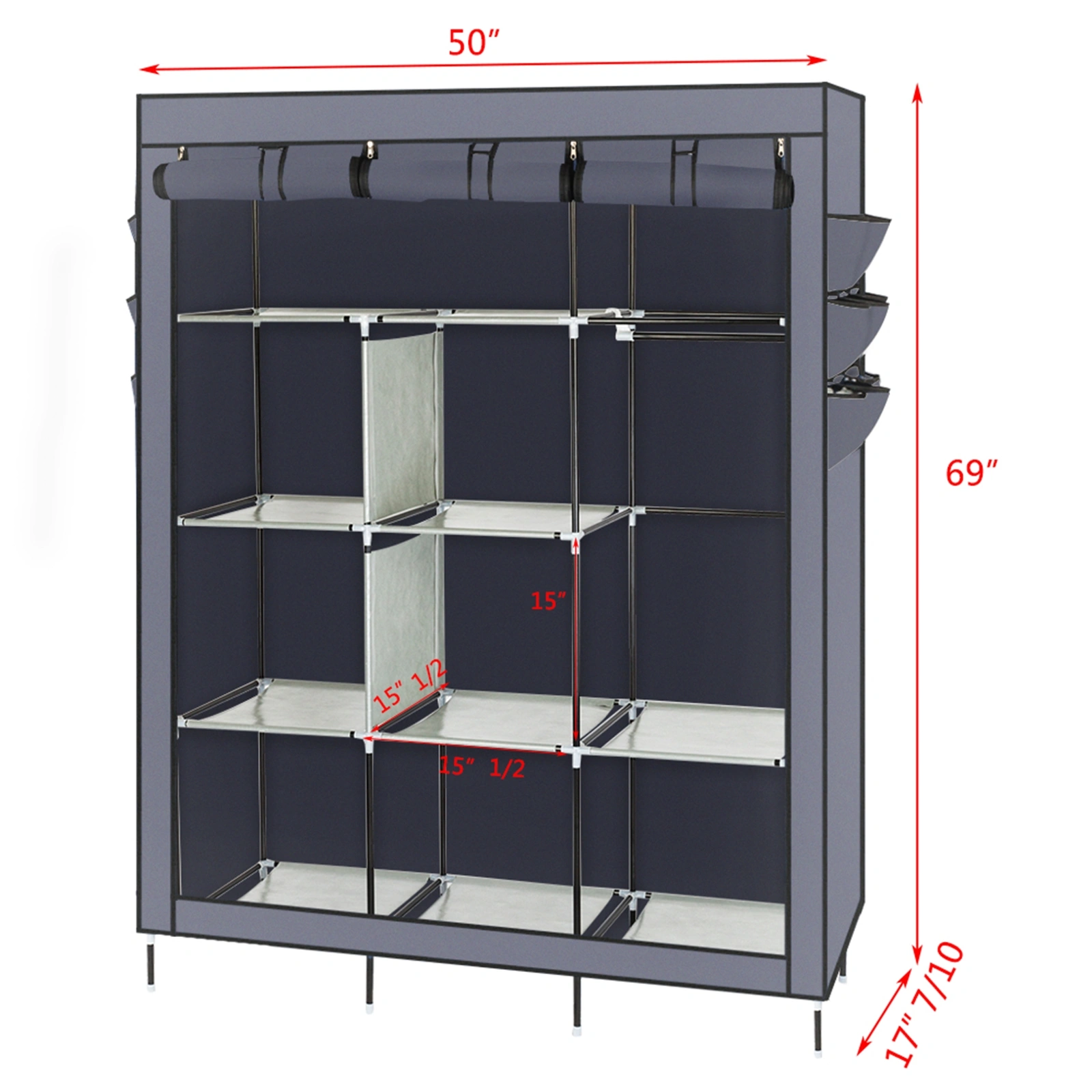69 Inch High Leg Non-Woven Fabric Wardrobe Closet Cabinet Organizer Gray view 7