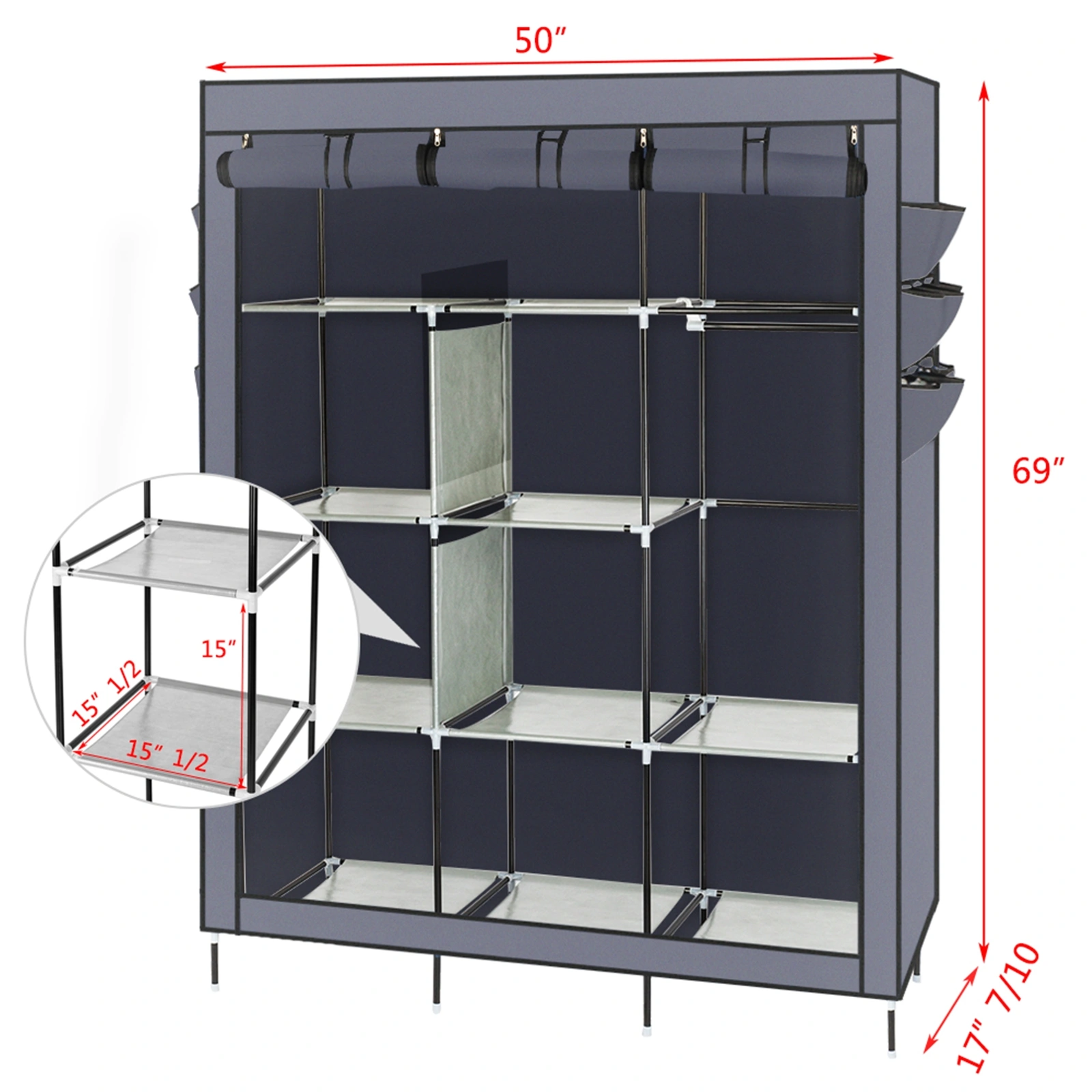 69 Inch High Leg Non-Woven Fabric Wardrobe Closet Cabinet Organizer Gray view 8