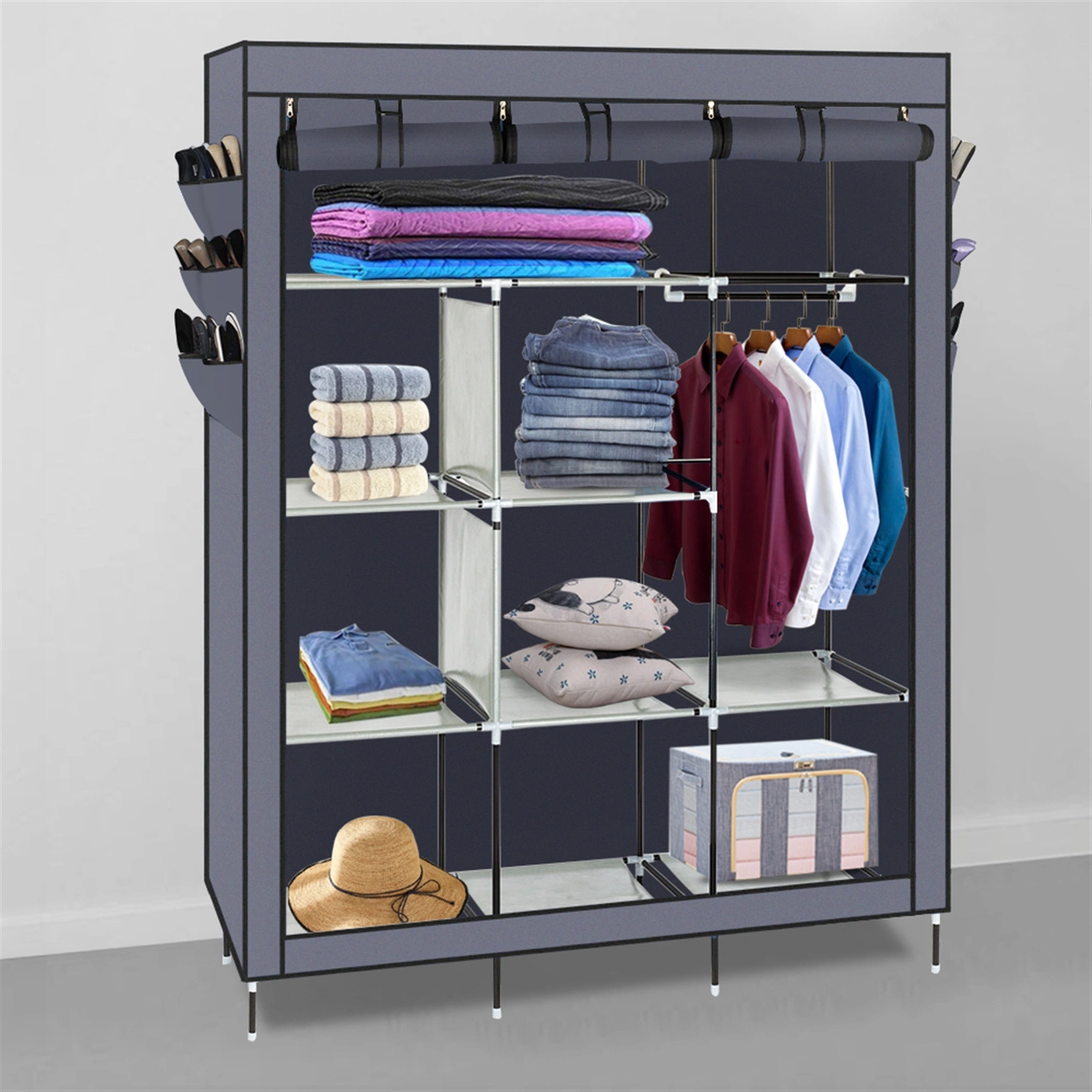 69 Inch High Leg Non-Woven Fabric Wardrobe Closet Cabinet Organizer Gray view 9