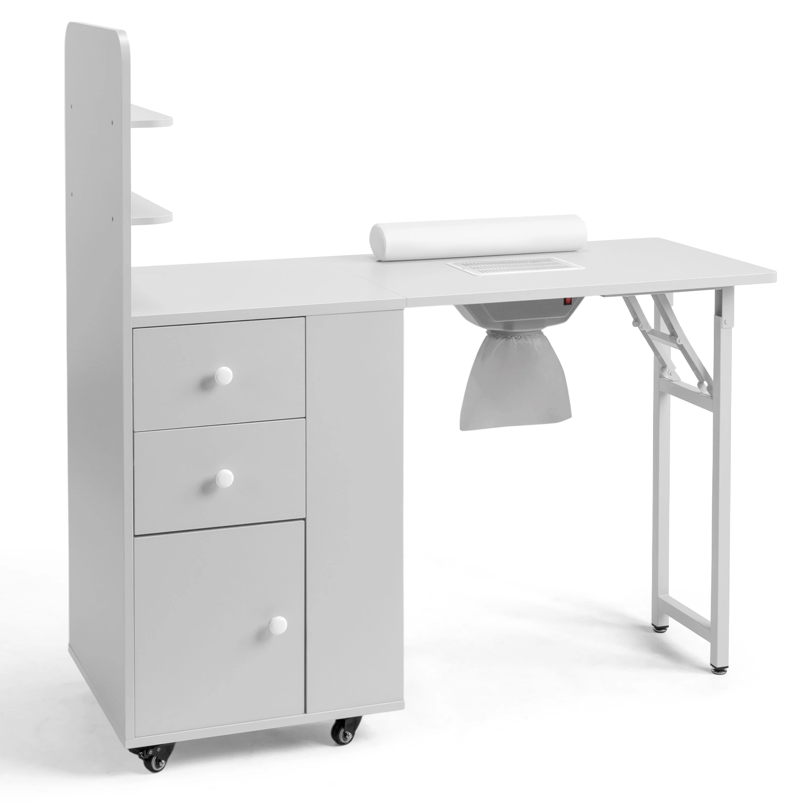 White MDF Folding Nail Table with 2 Drawers, Cabinet Door & Storage Shelf - Portable Manicure Desk for Salon