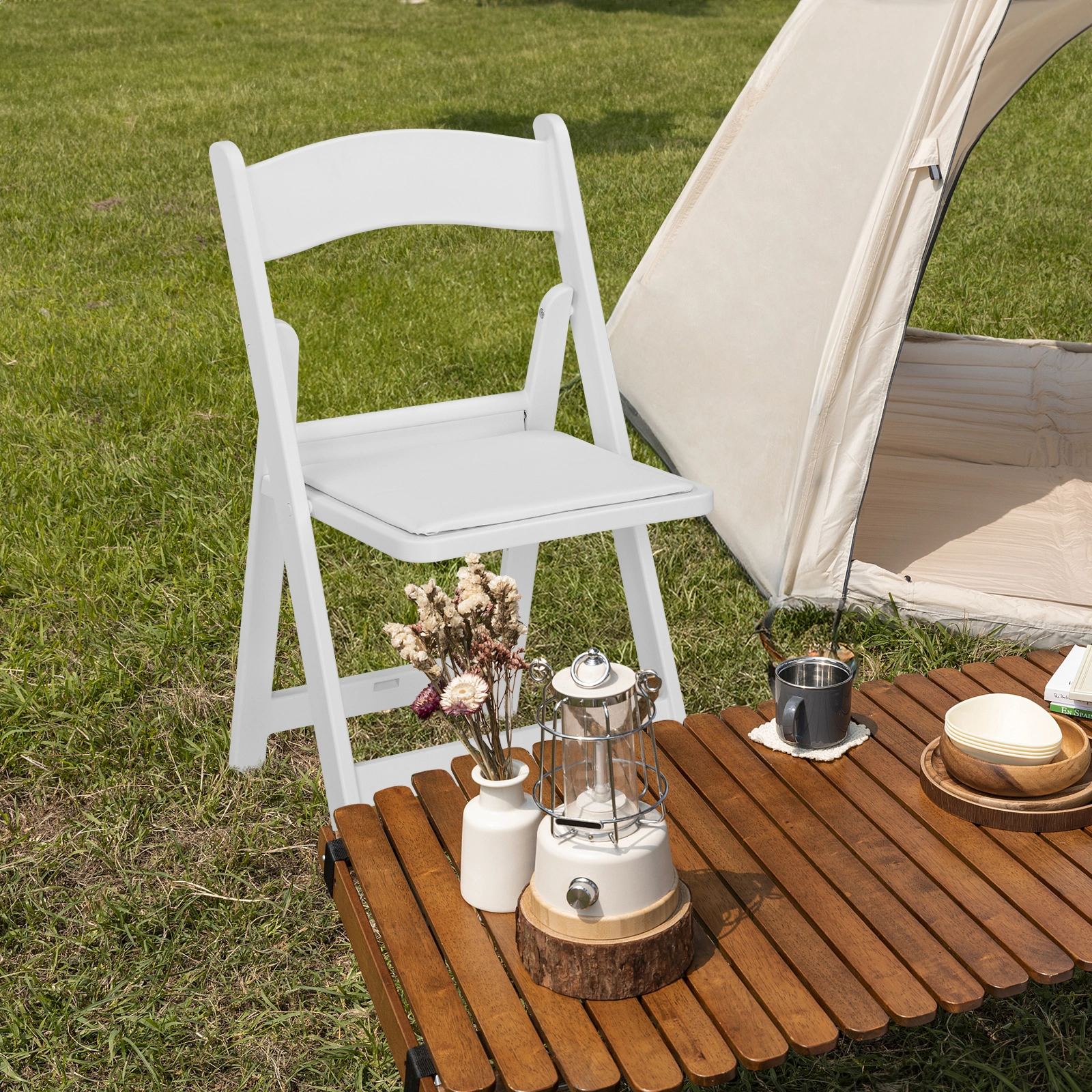 4 Pack White Folding Chairs with Padded Seat, Resin Stackable Event Chairs Indoor Outdoor for Home Party Picnic Wedding School view 17