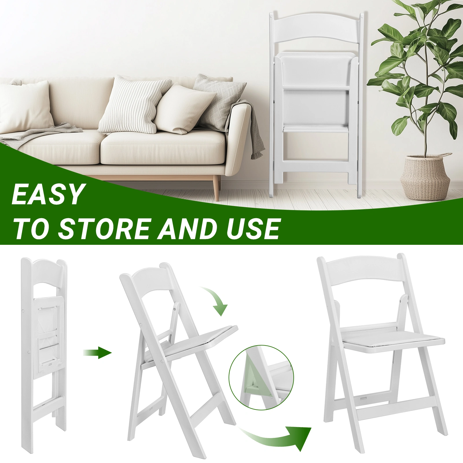 4 Pack White Folding Chairs with Padded Seat, Resin Stackable Event Chairs Indoor Outdoor for Home Party Picnic Wedding School view 23
