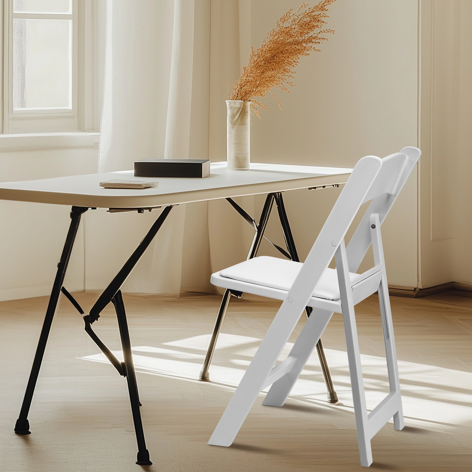 4 Pack White Folding Chairs with Padded Seat, Resin Stackable Event Chairs Indoor Outdoor for Home Party Picnic Wedding School view 3