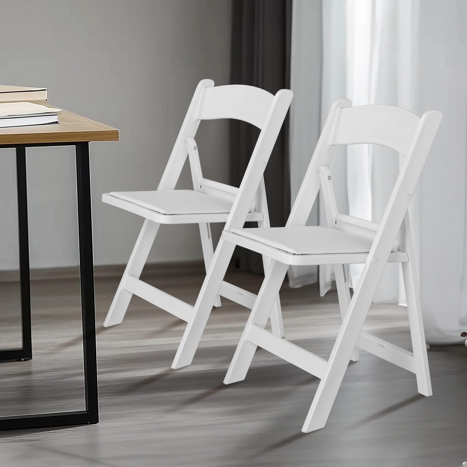 4 Pack White Folding Chairs with Padded Seat, Resin Stackable Event Chairs Indoor Outdoor for Home Party Picnic Wedding School view 4