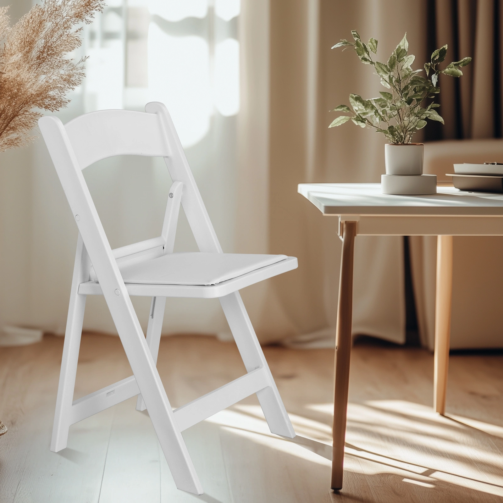 4 Pack White Folding Chairs with Padded Seat, Resin Stackable Event Chairs Indoor Outdoor for Home Party Picnic Wedding School view 5