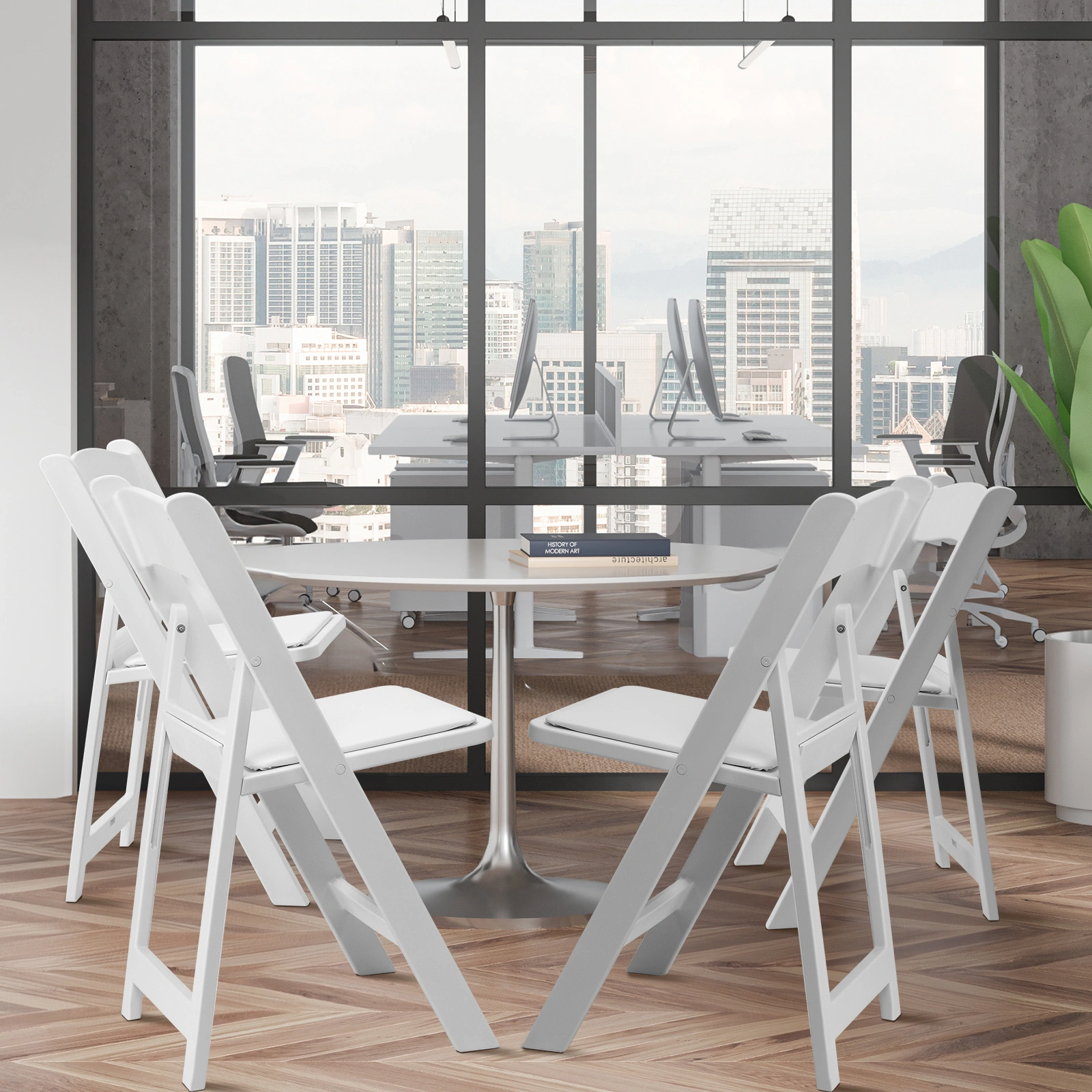 4 Pack White Folding Chairs with Padded Seat, Resin Stackable Event Chairs Indoor Outdoor for Home Party Picnic Wedding School view 8