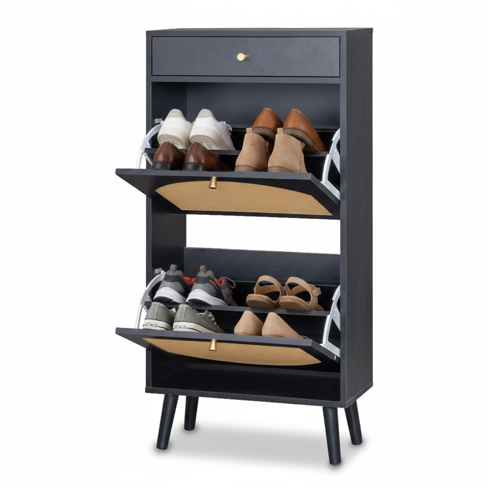 Rattan Front Shoe Cabinet 1 Drawer 2 Flip-Down Compartments Particleboard Shoe Storage 54x24x110cm Black view 12