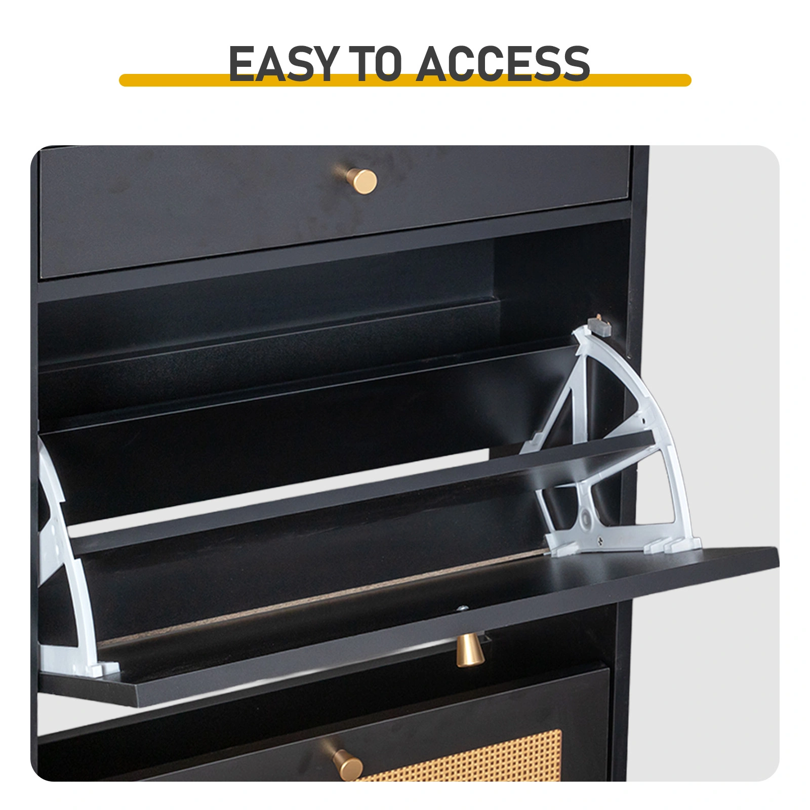 Rattan Front Shoe Cabinet 1 Drawer 2 Flip-Down Compartments Particleboard Shoe Storage 54x24x110cm Black view 4