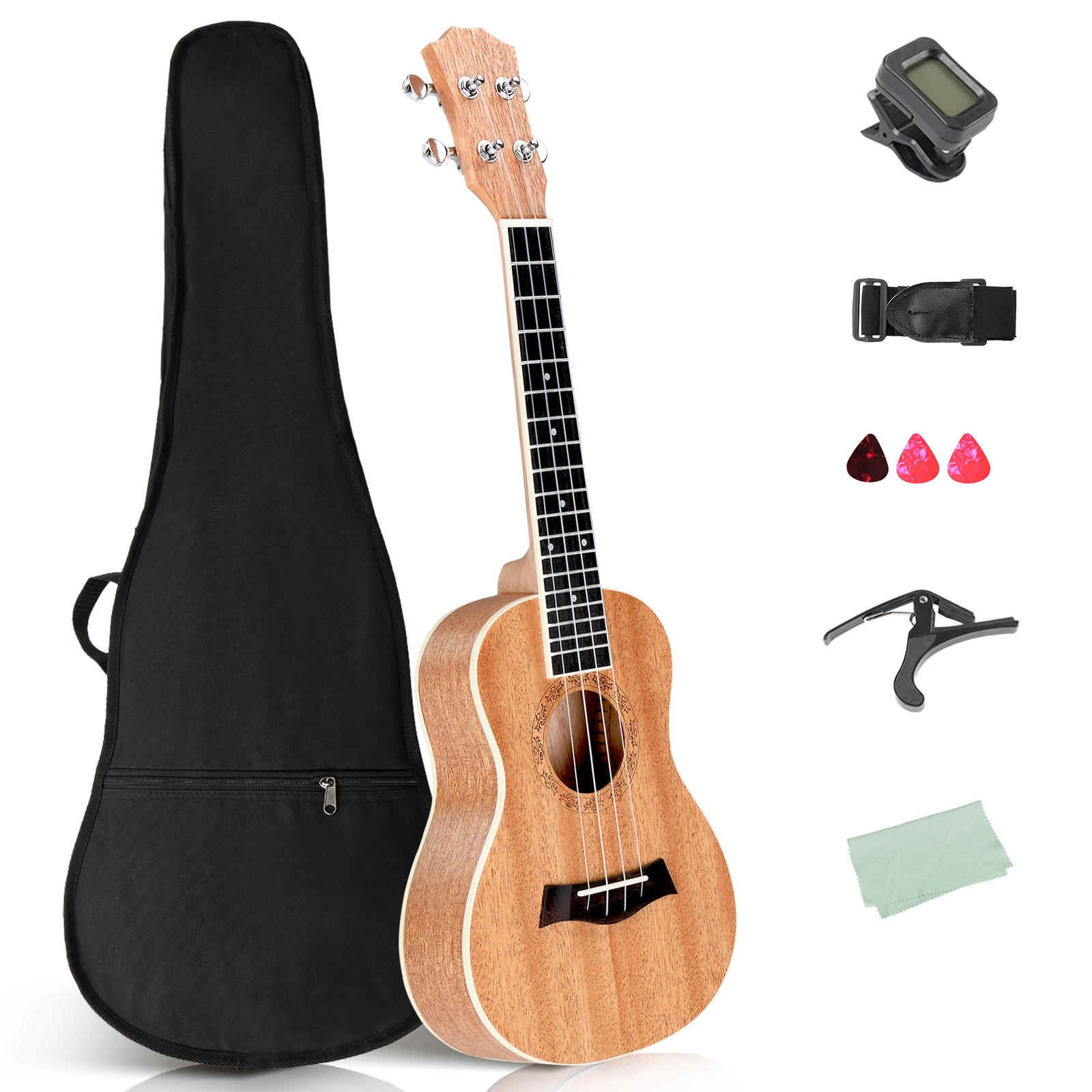 23 Inch Mahogany Ukulele with Rosewood Fingerboard, Cotton Bag, Capo, Strap, 3 Picks, Wrench Tool