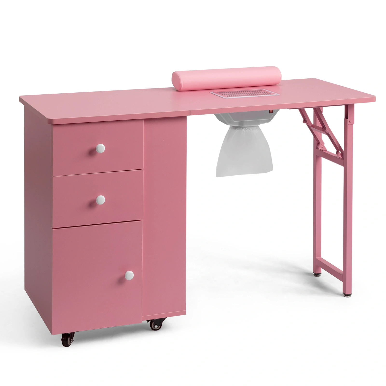 Pink Folding Nail Desk Table, MDF Manicure Station with 2 Drawers & 1 Cabinet Door, Portable Nail Art Workstation for Salon Home Beauty