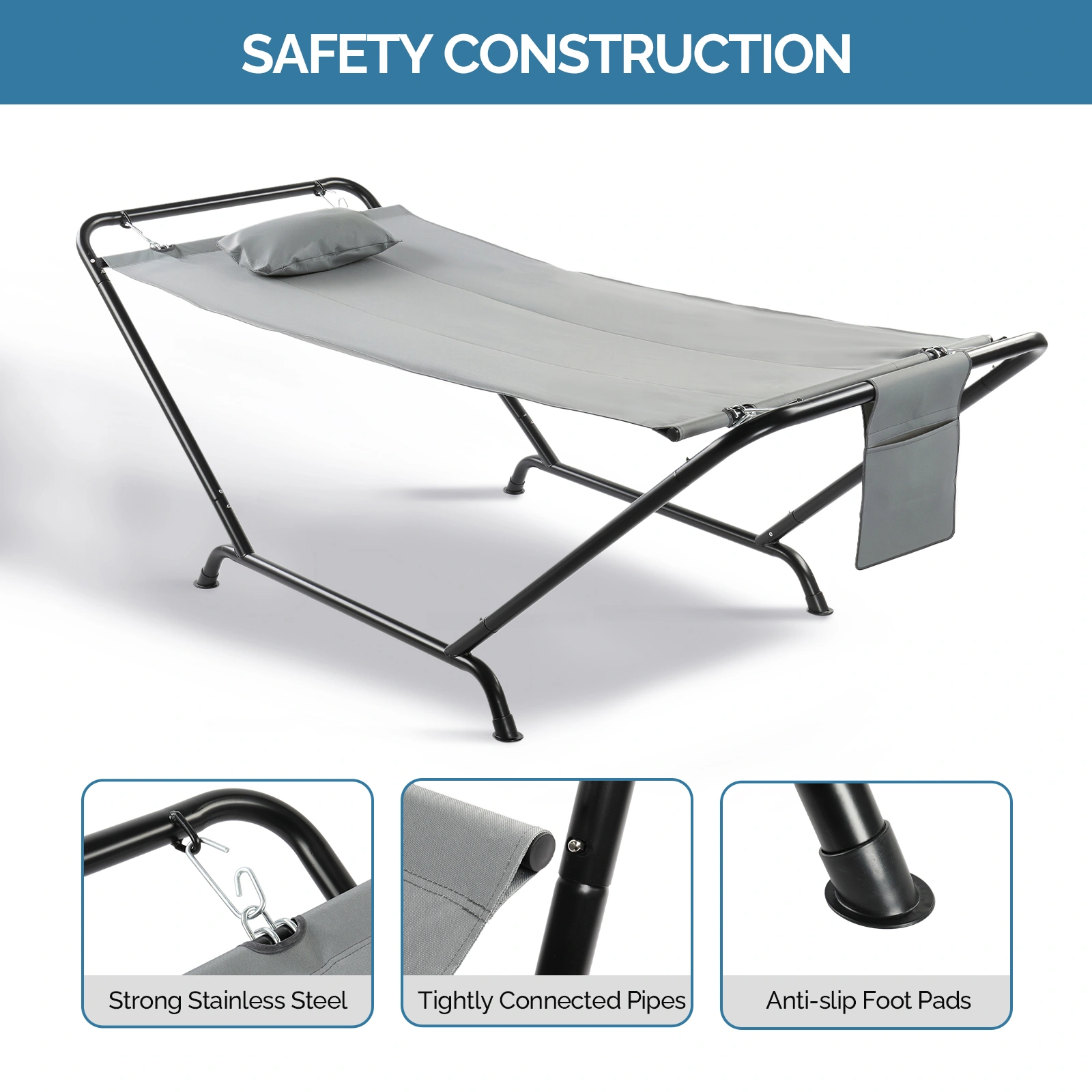 Freestanding Hammock with Stand, 600LBS Heavy Duty Outdoor Hammock with Pillow & Storage Bag, Grey view 4