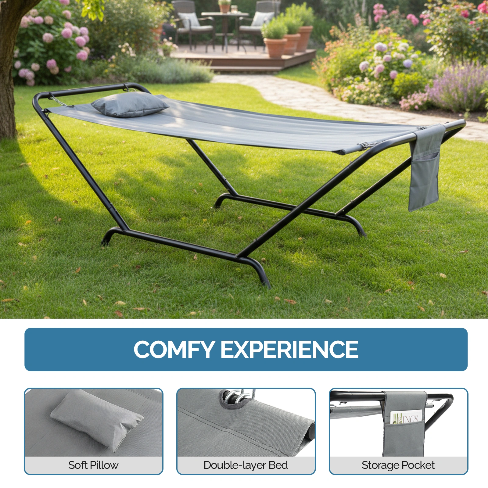 Freestanding Hammock with Stand, 600LBS Heavy Duty Outdoor Hammock with Pillow & Storage Bag, Grey view 5