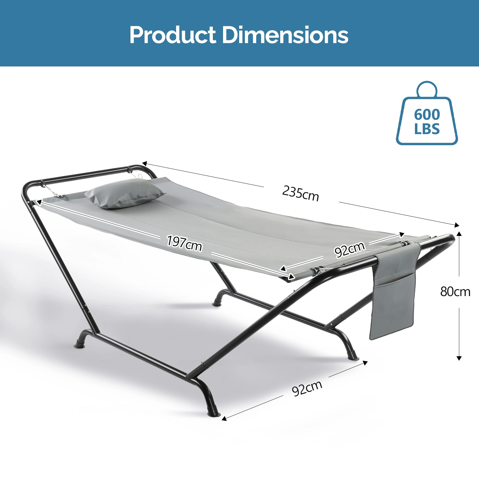 Freestanding Hammock with Stand, 600LBS Heavy Duty Outdoor Hammock with Pillow & Storage Bag, Grey view 8