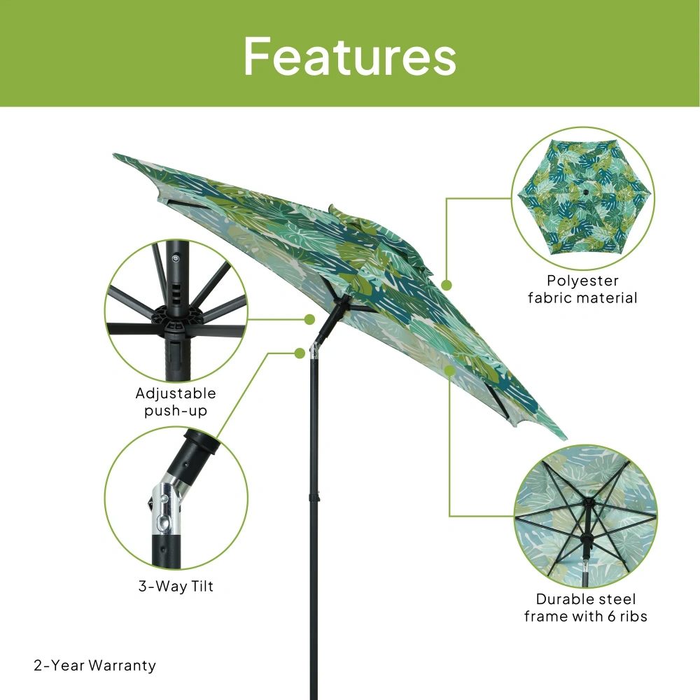 5' Palm Print Round Outdoor Patio Market Umbrella, Push-Up Open, 3-Angle Tilt view 3