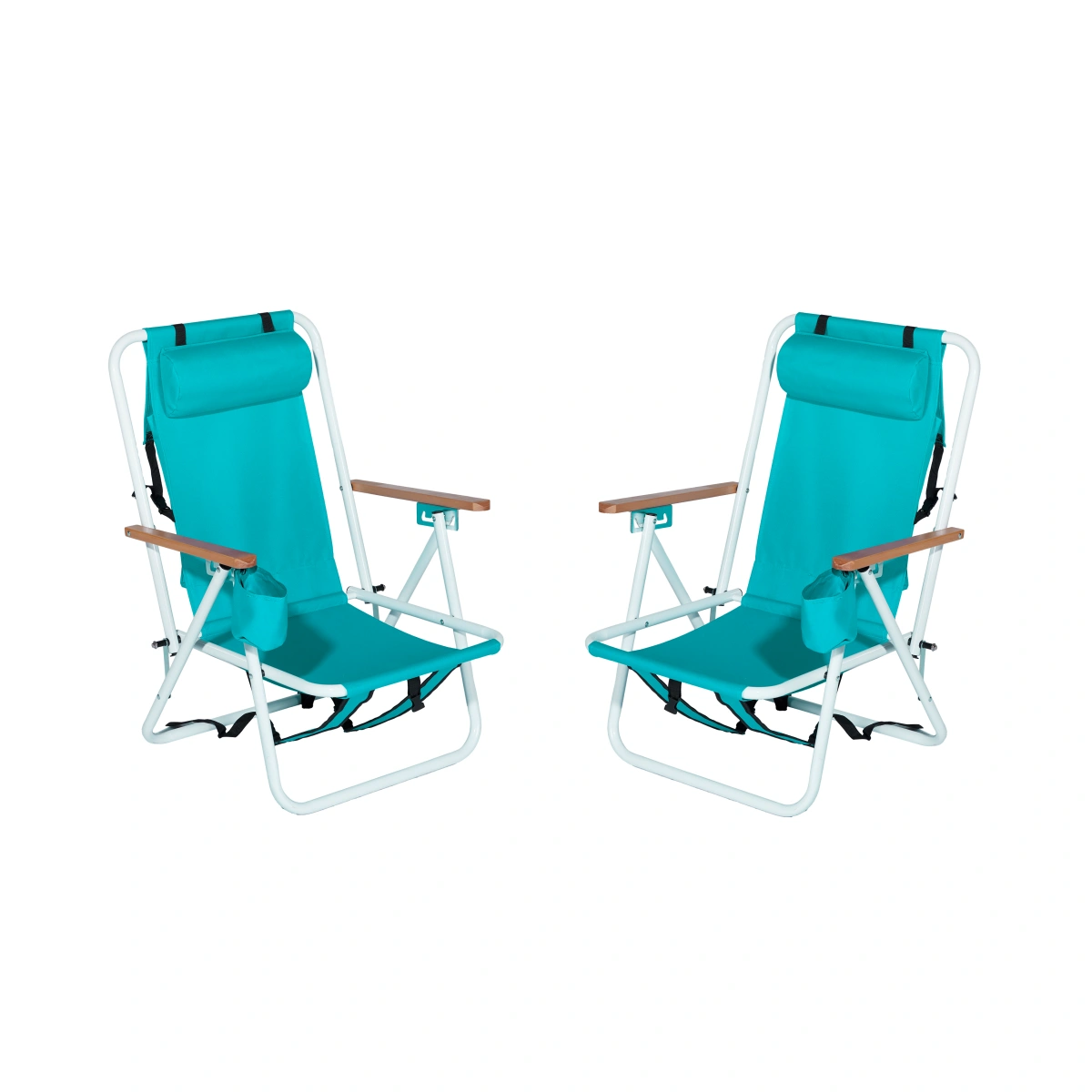 Folding Beach Chairs Set of 2 for Adults - Portable Backpack Camping Chair with Headrest, Cup Holder & Wooden Armrests, Green, 4 Position Adjustable