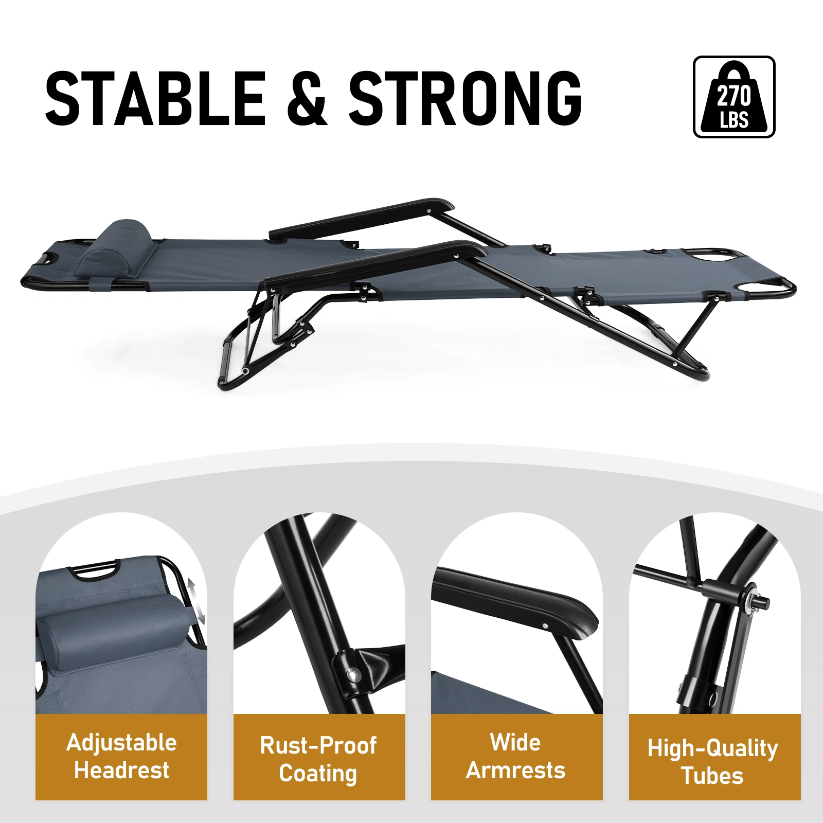 Portable Folding Reclining Chair, Extendable Dual Purpose Lounge Chair, Grey, Lightweight, Compact Foldable Design for Indoor Outdoor Use view 2