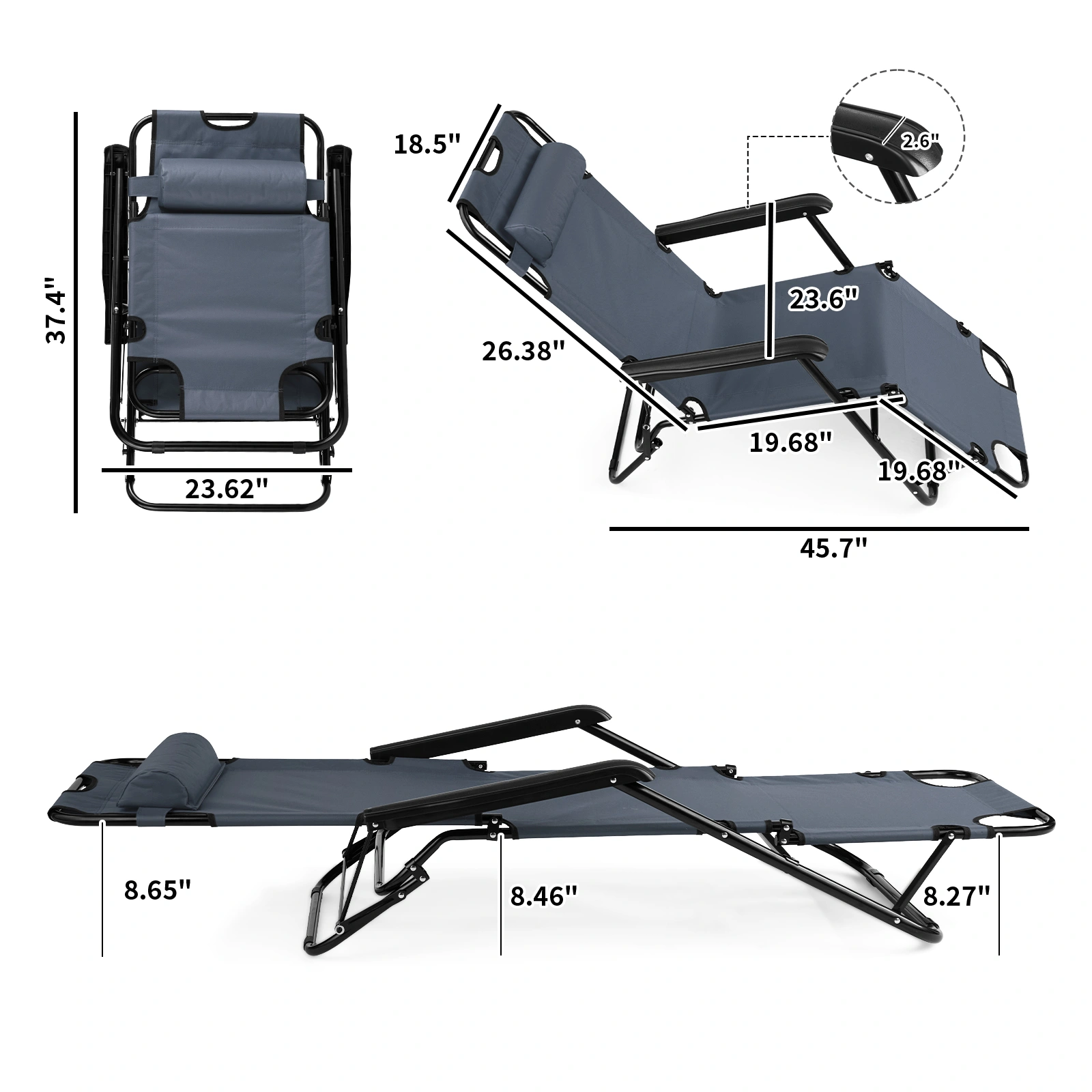 Portable Folding Reclining Chair, Extendable Dual Purpose Lounge Chair, Grey, Lightweight, Compact Foldable Design for Indoor Outdoor Use view 3