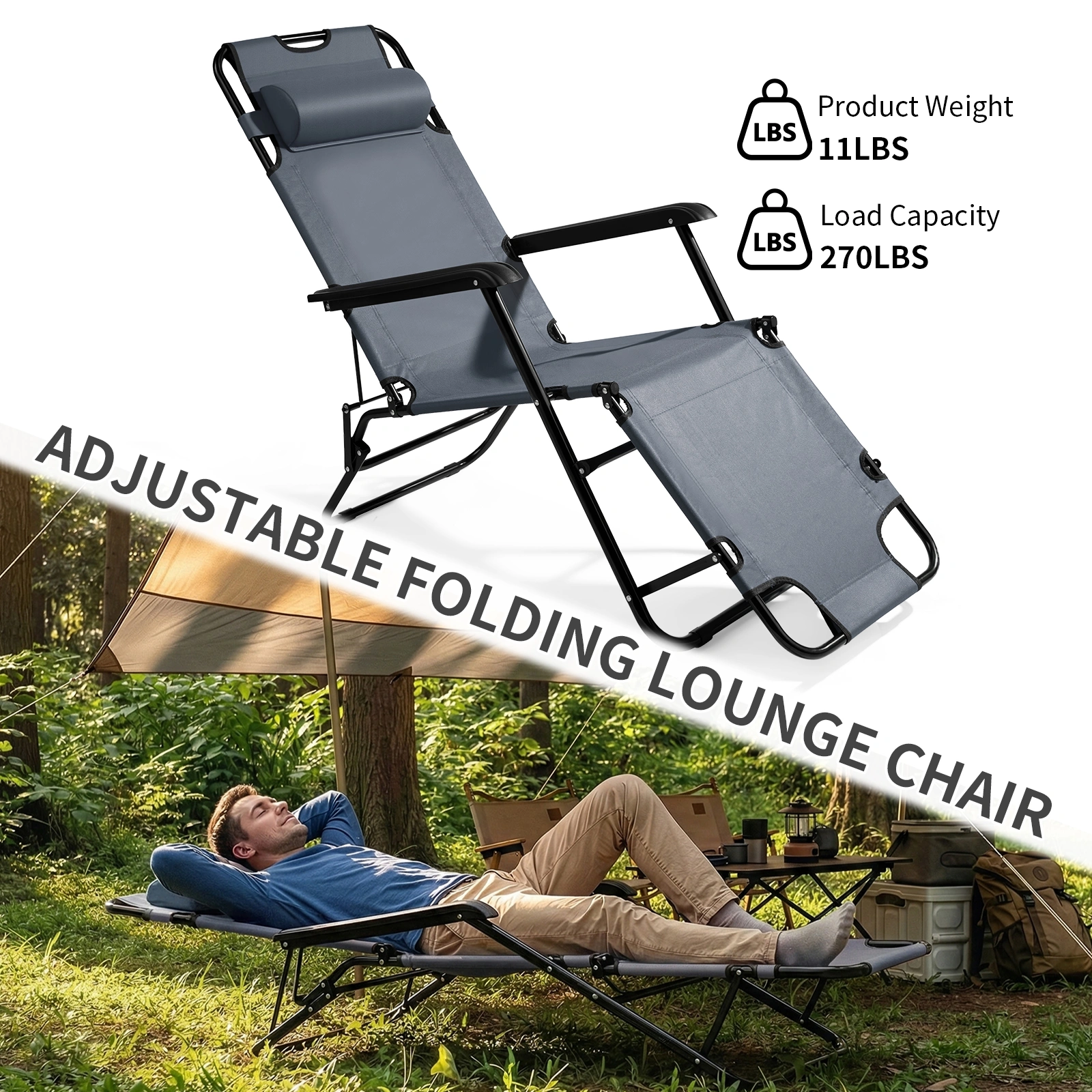Portable Folding Reclining Chair, Extendable Dual Purpose Lounge Chair, Grey, Lightweight, Compact Foldable Design for Indoor Outdoor Use view 6