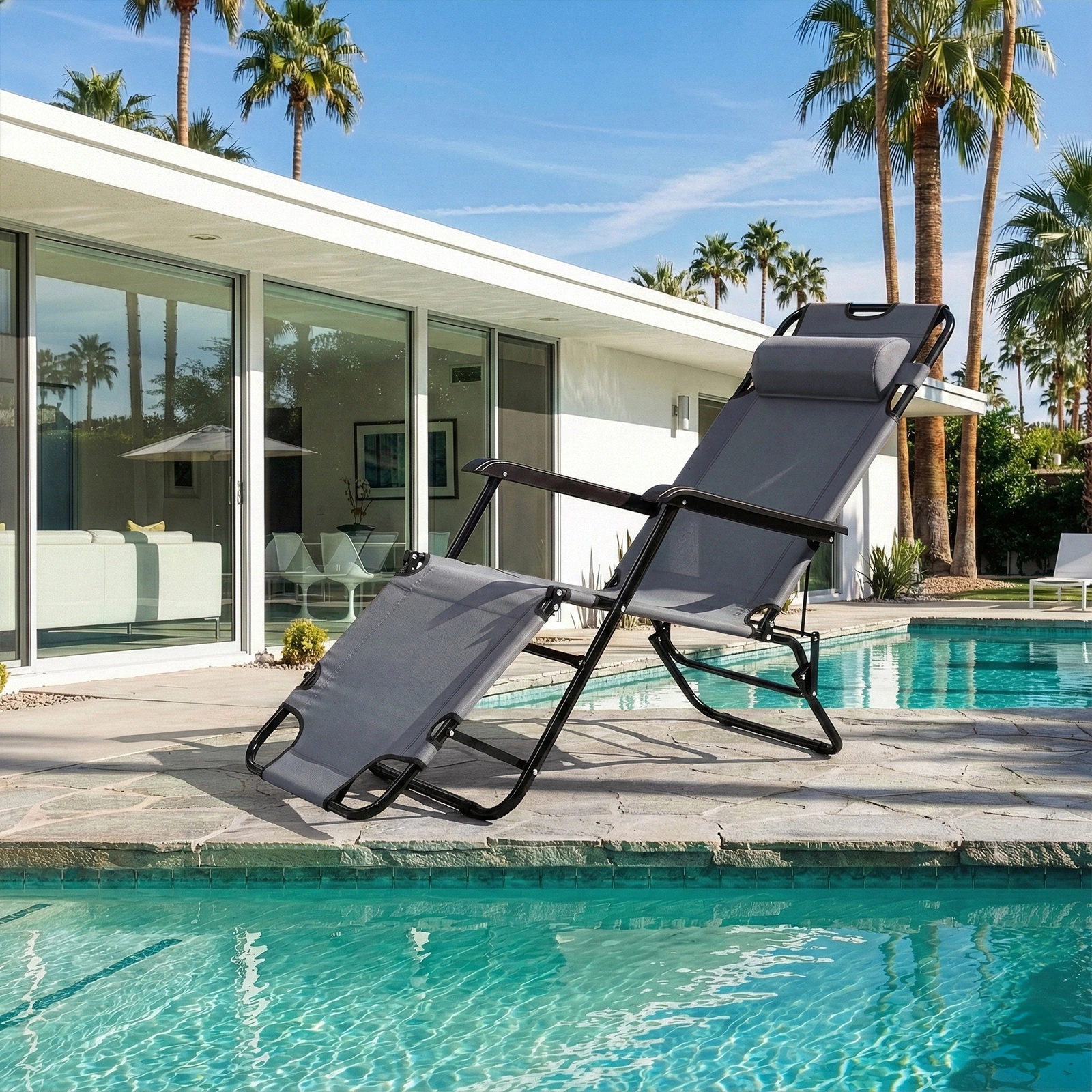 Portable Folding Reclining Chair, Extendable Dual Purpose Lounge Chair, Grey, Lightweight, Compact Foldable Design for Indoor Outdoor Use view 8