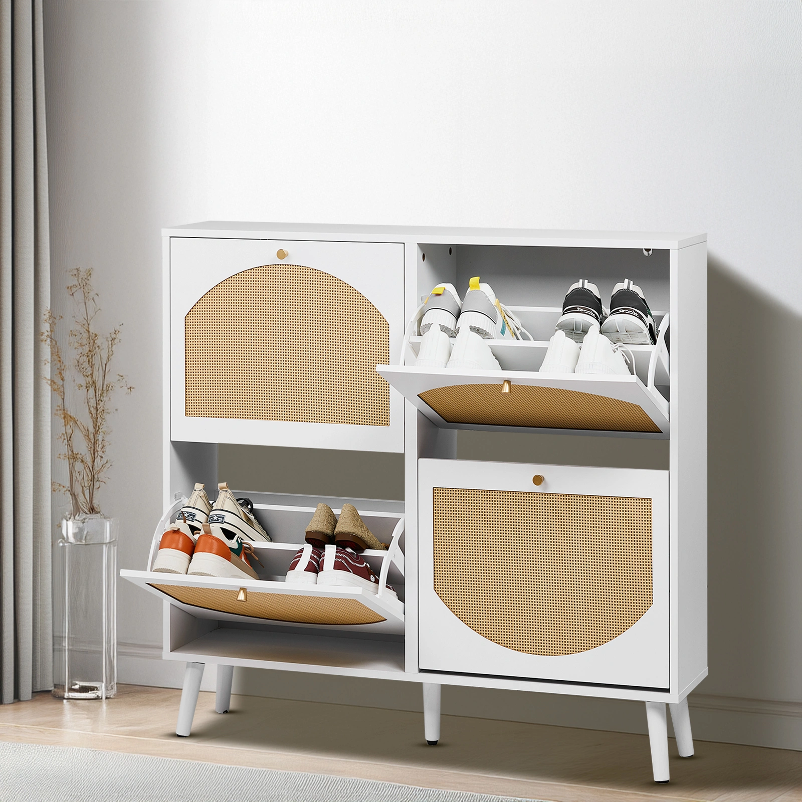 41.3"x9.4"x38.6" White Rattan Shoe Cabinet High-Leg 8-Bucket Storage Particle Board Plastic Rattan Natural White Frame