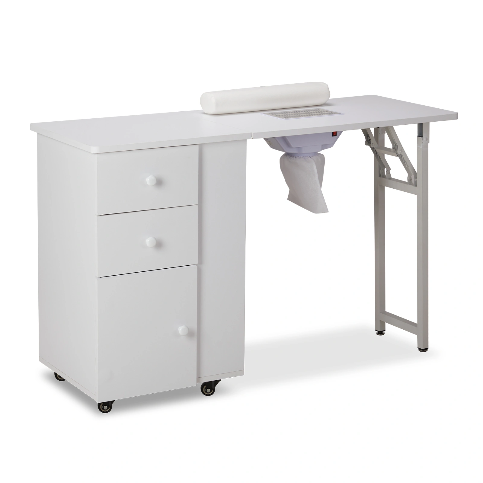 Foldable Manicure Table with Electric Dust Collector, Lockable Wheels & Drawers, White Beauty Salon Station with Wrist Rest view 2
