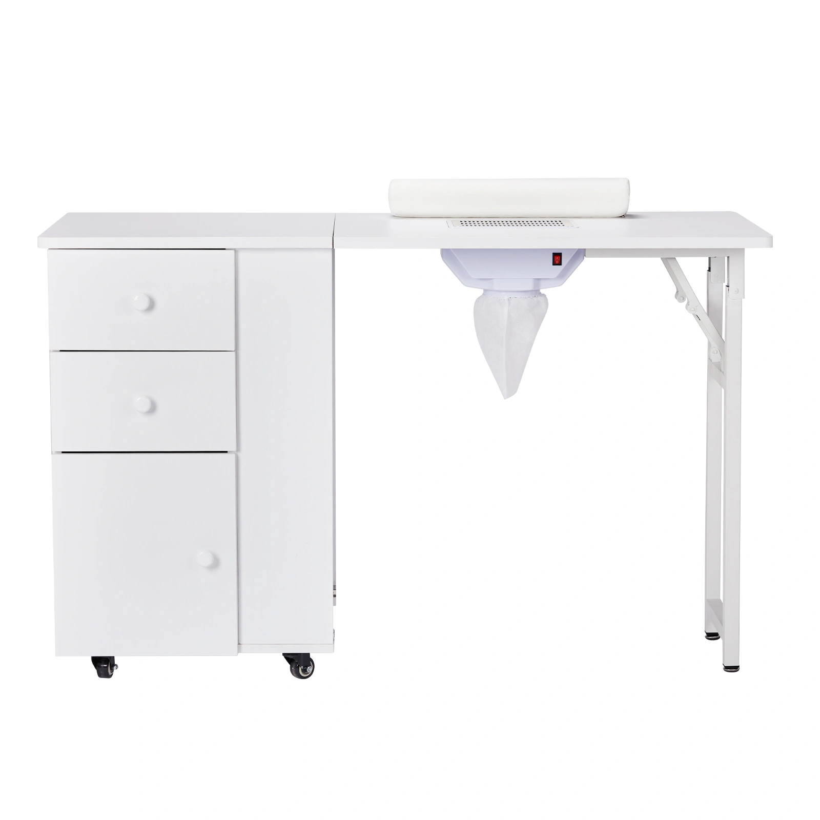 Foldable Manicure Table with Electric Dust Collector, Lockable Wheels & Drawers, White Beauty Salon Station with Wrist Rest view 3