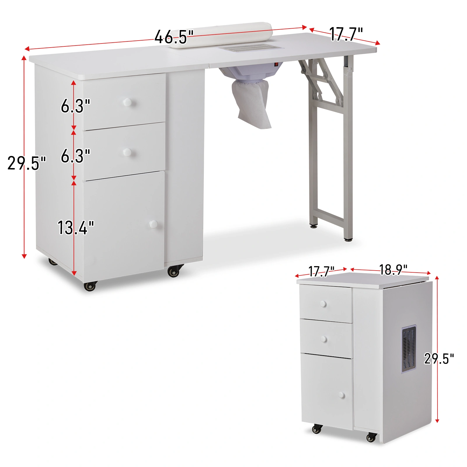 Foldable Manicure Table with Electric Dust Collector, Lockable Wheels & Drawers, White Beauty Salon Station with Wrist Rest view 5