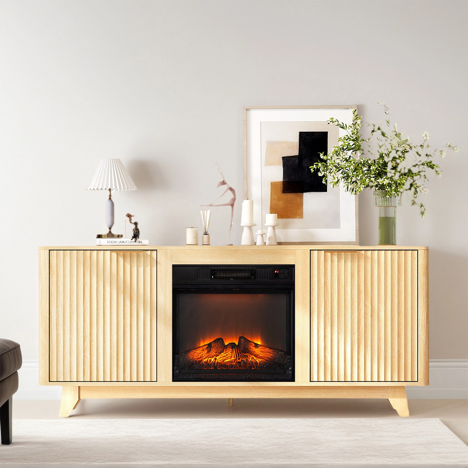 Oak Fireplace TV Stand 58 Inch with 18" Electric Fireplace Insert, Double Grid Doors, Gold Handles & Embossed Media Console 58 x 13.6 x 25.4 In