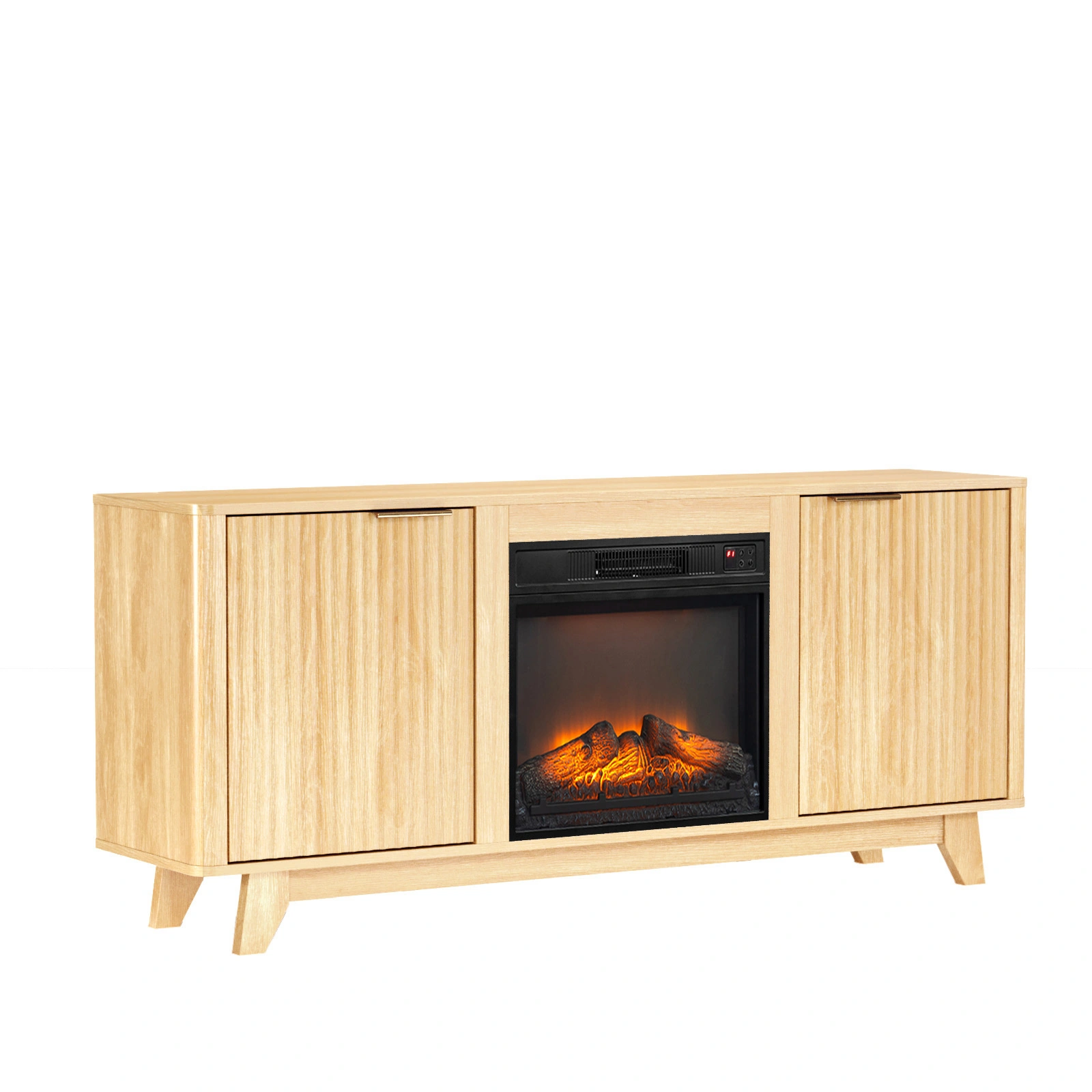 Oak Fireplace TV Stand 58 Inch with 18" Electric Fireplace Insert, Double Grid Doors, Gold Handles & Embossed Media Console 58 x 13.6 x 25.4 In view 3