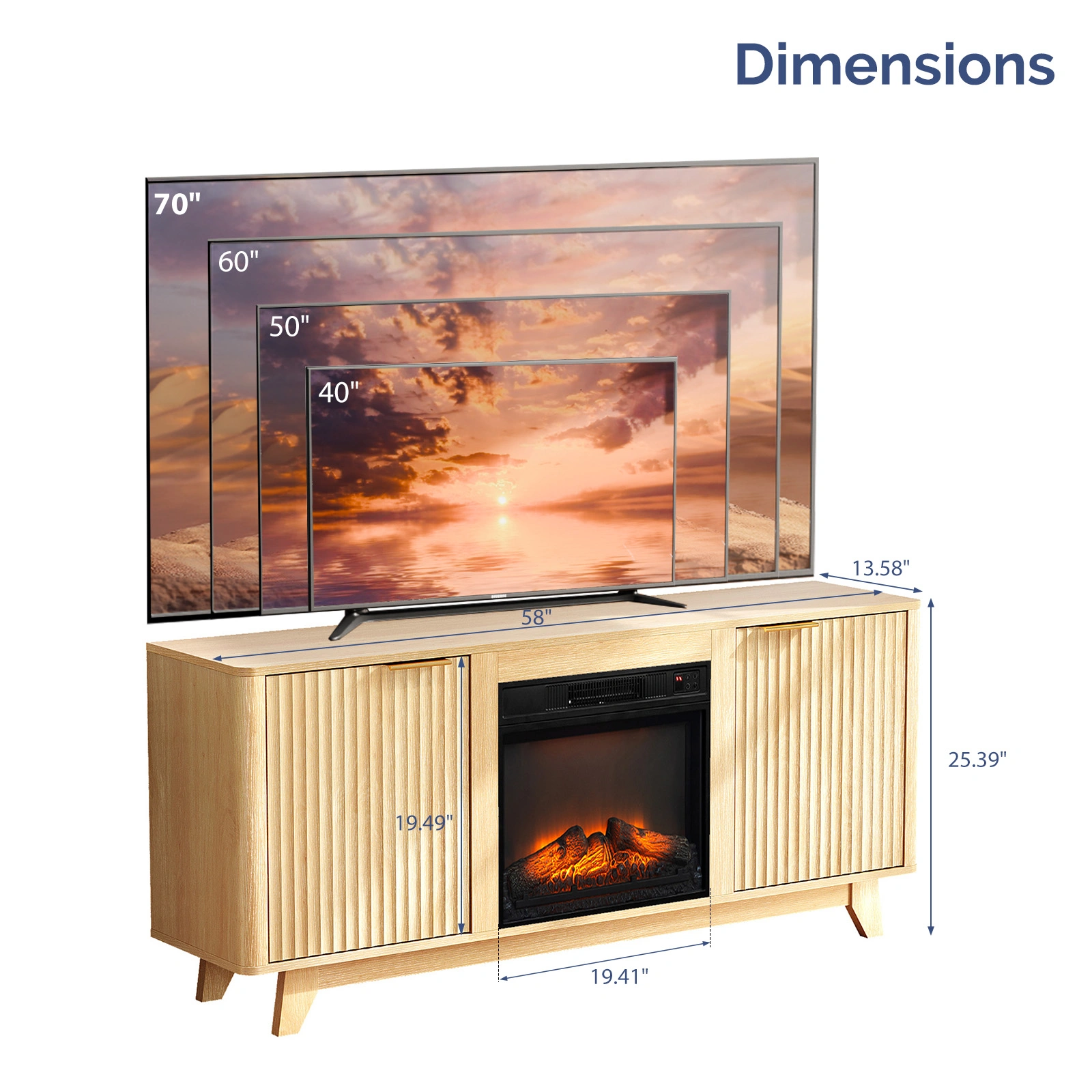 Oak Fireplace TV Stand 58 Inch with 18" Electric Fireplace Insert, Double Grid Doors, Gold Handles & Embossed Media Console 58 x 13.6 x 25.4 In view 4