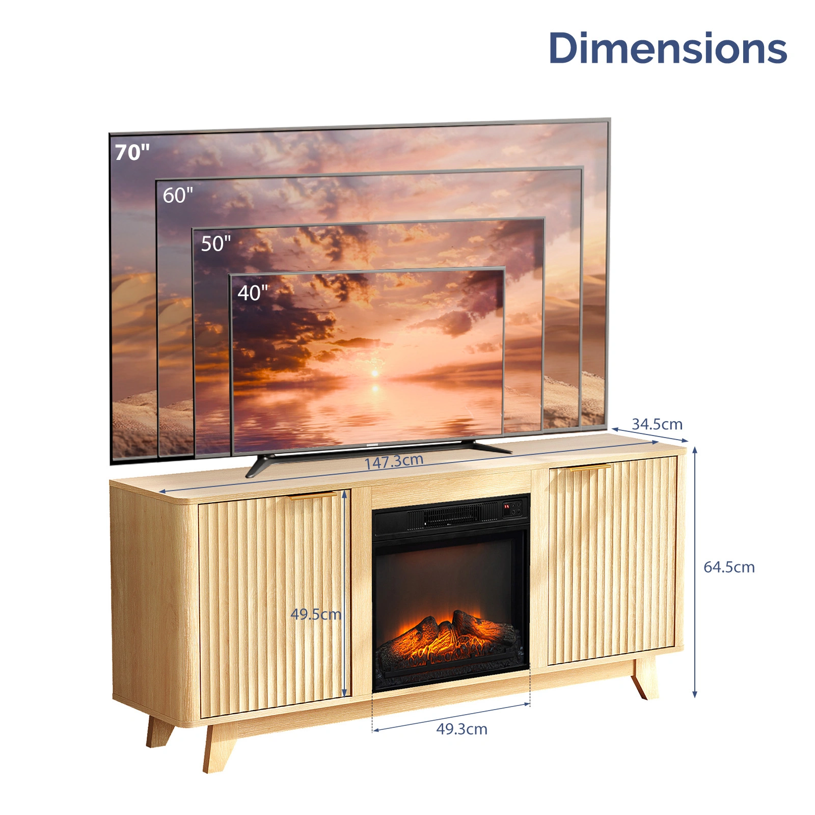 Oak Fireplace TV Stand 58 Inch with 18" Electric Fireplace Insert, Double Grid Doors, Gold Handles & Embossed Media Console 58 x 13.6 x 25.4 In view 5