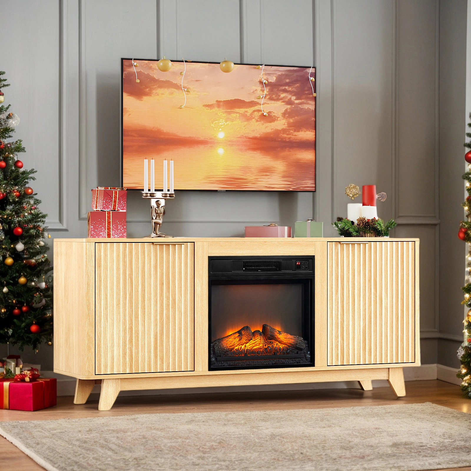 Oak Fireplace TV Stand 58 Inch with 18" Electric Fireplace Insert, Double Grid Doors, Gold Handles & Embossed Media Console 58 x 13.6 x 25.4 In view 7