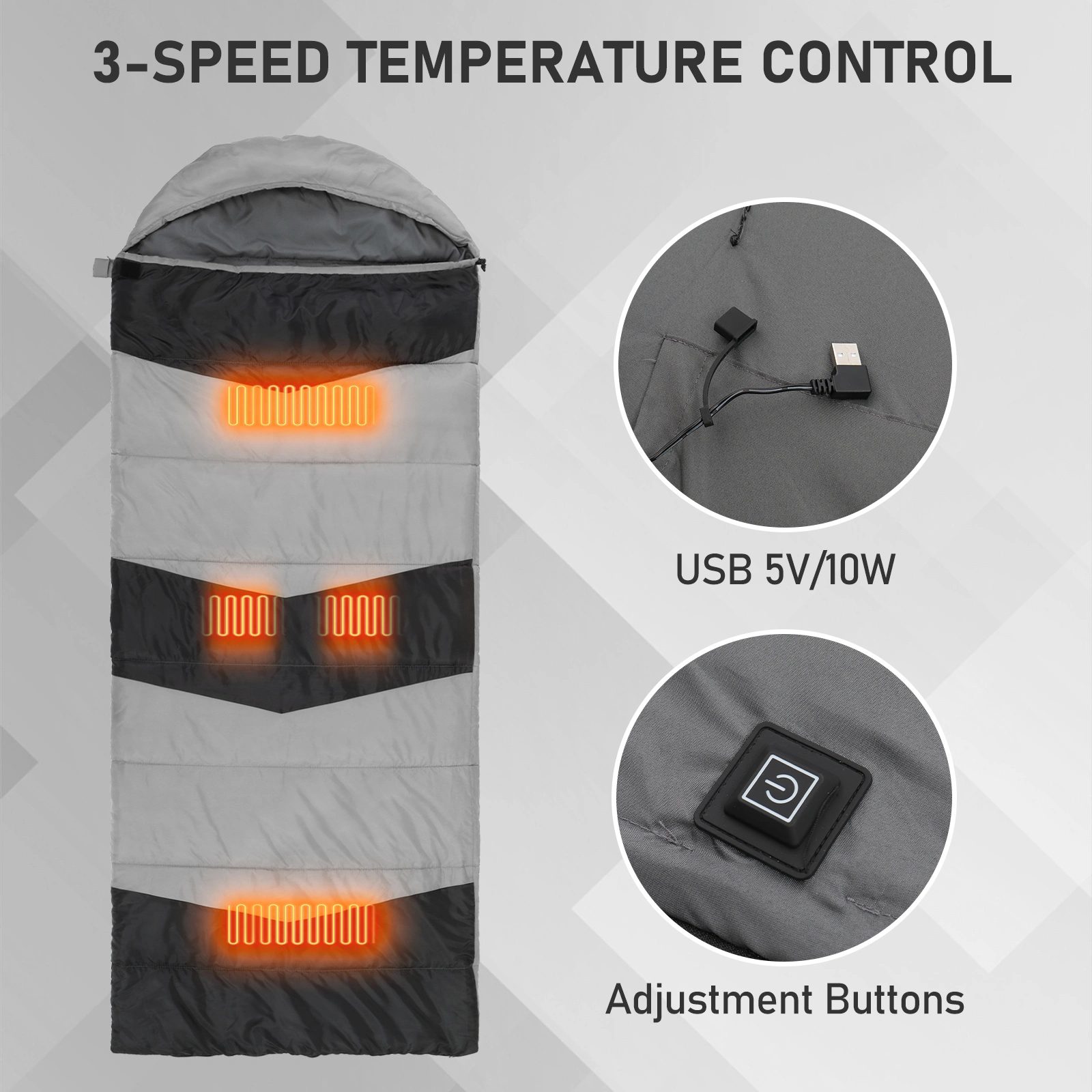 USB Powered Heated Sleeping Bag Rectangular, Lightweight Waterproof Envelope Sleeping Bag w/ Multi Heating Pads for Backpacking Hiking, Gray