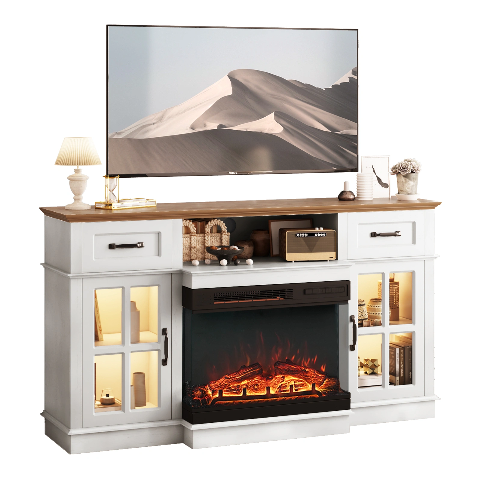 58" Black Gold Oak Fireplace TV Stand, 25" Insert, 2 Doors 2 Drawers, Glass Shelves Media Console, 147.4 x 45 x 80 cm