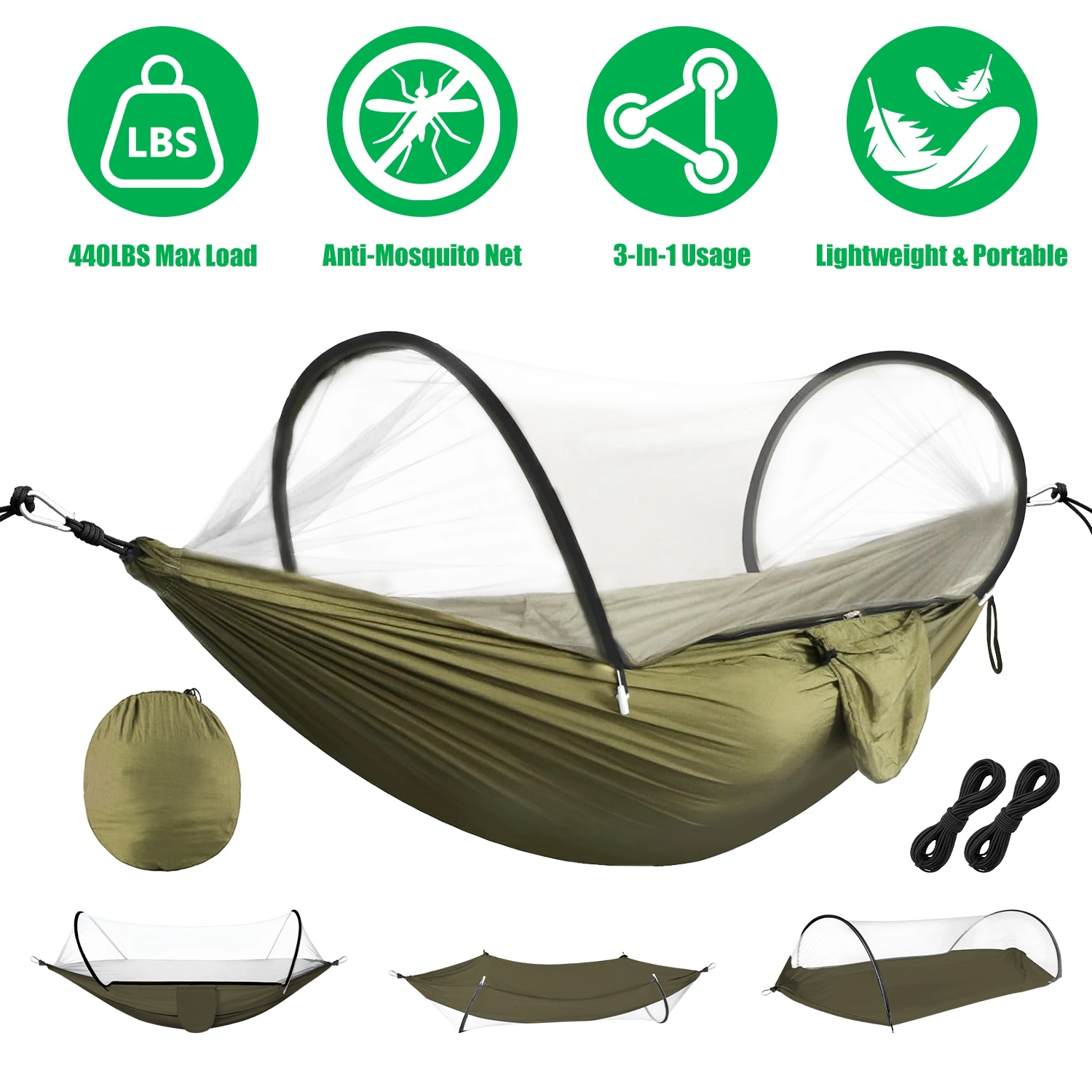 3-in-1 Camping Hammock with Auto Pop-Up Mosquito Net Lightweight 70D Nylon Portable Hammock 440lbs Dual Zipper for Outdoor Hiking Backpacking Beach Backyard